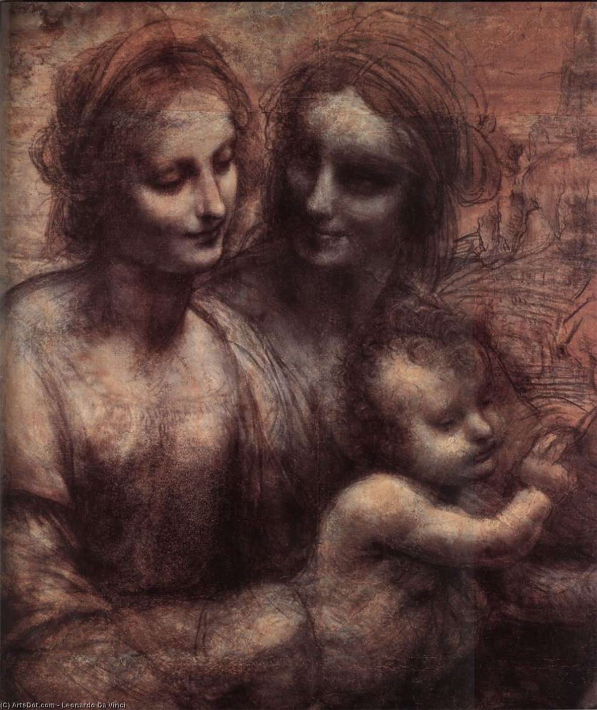 Wikioo.org – L'Enciclopedia delle Belle Arti - Pittura, Opere di Leonardo Da Vinci - madonna col bambino con san anna e il giovani san john ( particolare )