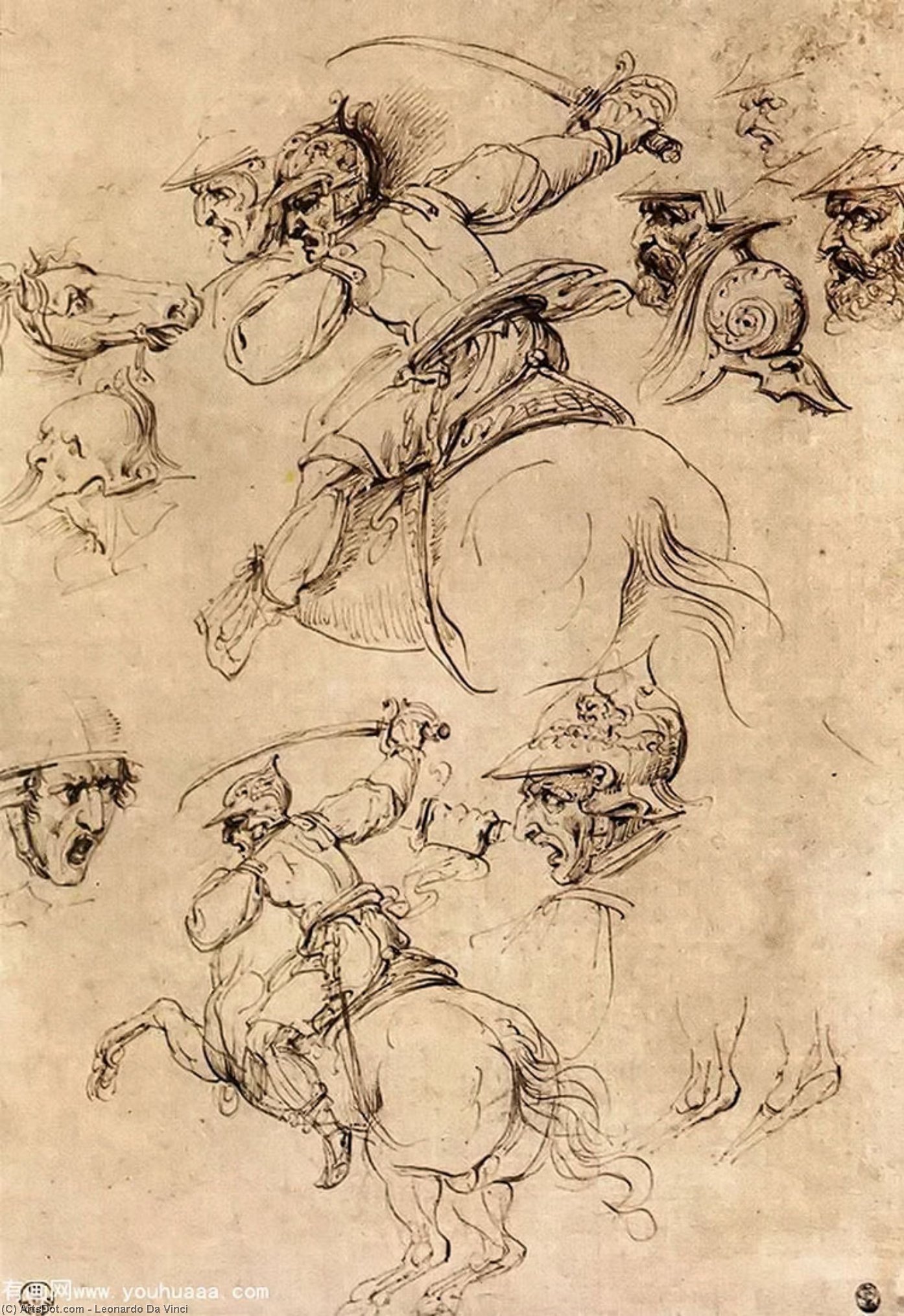 WikiOO.org – 美術百科全書 - 繪畫，作品 Leonardo Da Vinci -  研究 战斗  对  马背上