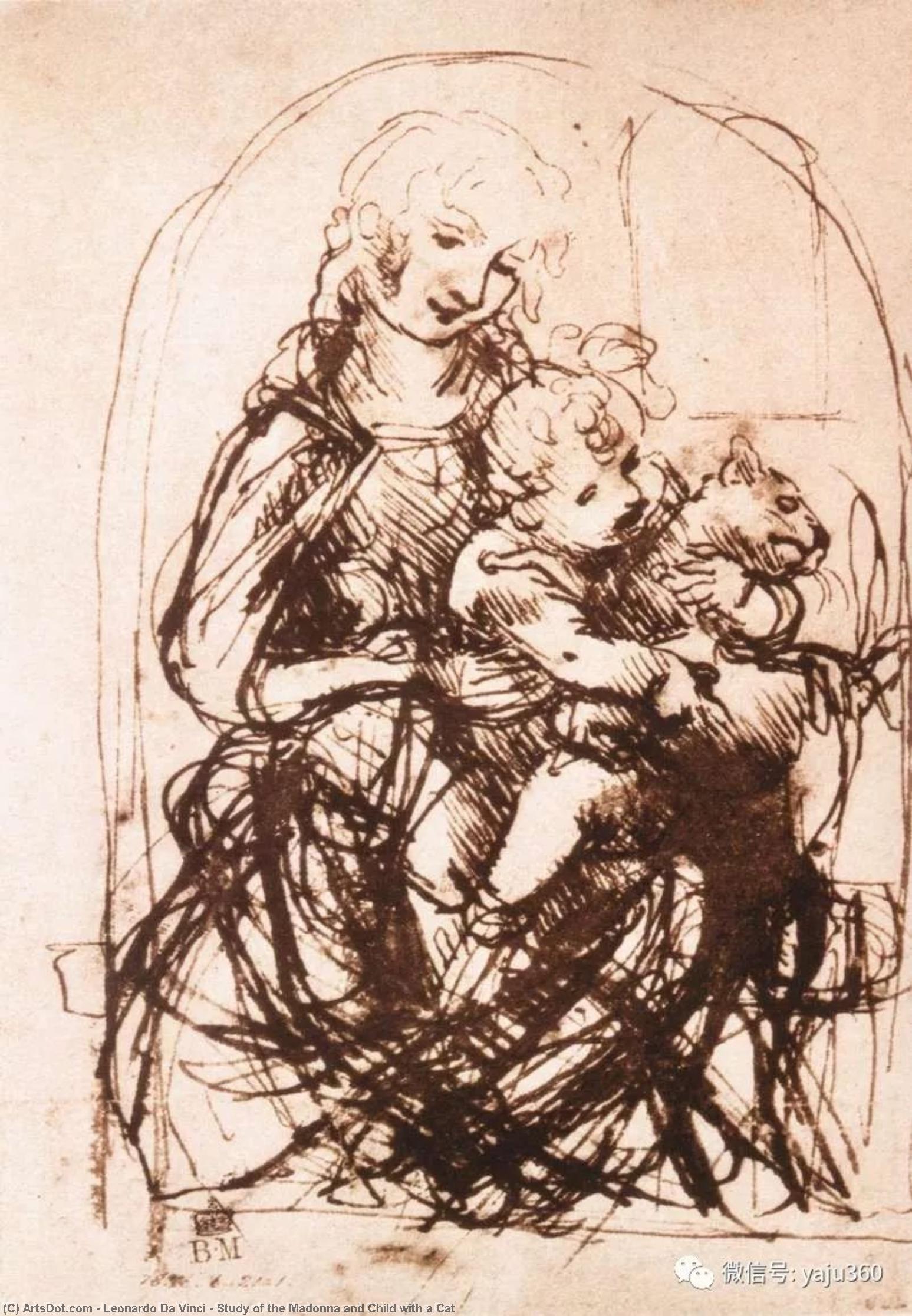 Wikioo.org – La Enciclopedia de las Bellas Artes - Pintura, Obras de arte de Leonardo Da Vinci - Estudio de la virgen y el niño con un El gato