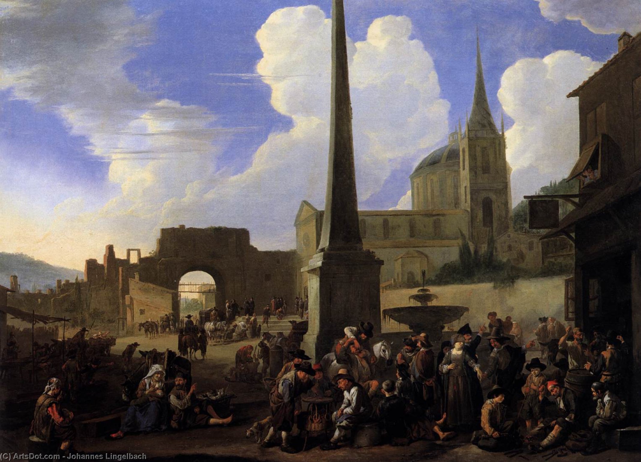 WikiOO.org - Encyclopedia of Fine Arts - Lukisan, Artwork Johannes Lingelbach - Crowd in the Piazza del Popolo in Rome