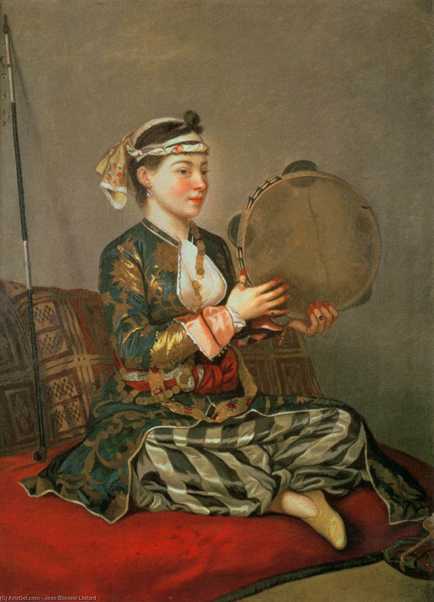 Wikioo.org – La Enciclopedia de las Bellas Artes - Pintura, Obras de arte de Jean Étienne Liotard - mujer turca enestado  Un  Pandereta