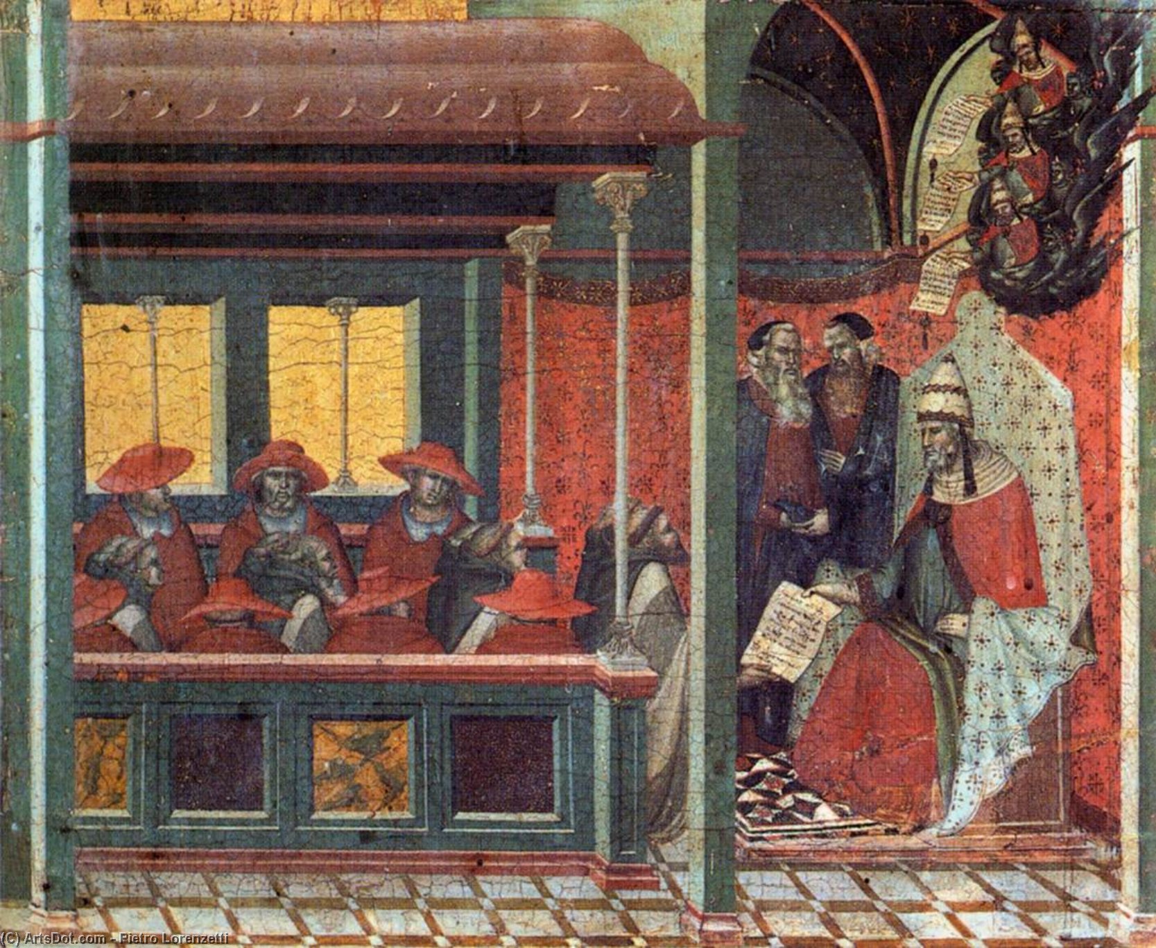 Wikioo.org - The Encyclopedia of Fine Arts - Painting, Artwork by Pietro Lorenzetti - Predella panel: The Pope Issues a Bull to a Carmelite Delegation
