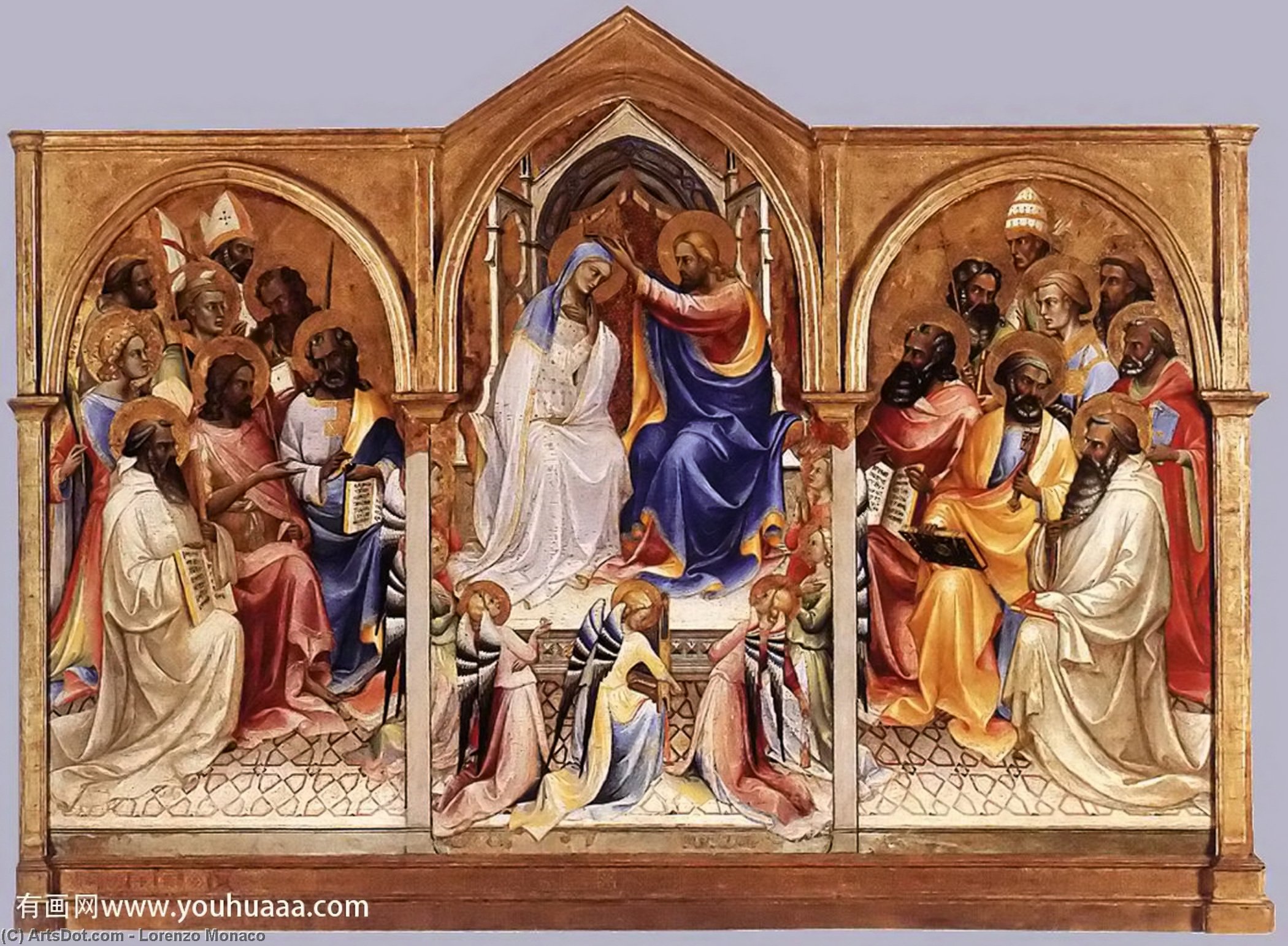 Wikioo.org – La Enciclopedia de las Bellas Artes - Pintura, Obras de arte de Lorenzo Monaco - coronación de la virgen asícomo  Cariñoso  los santos