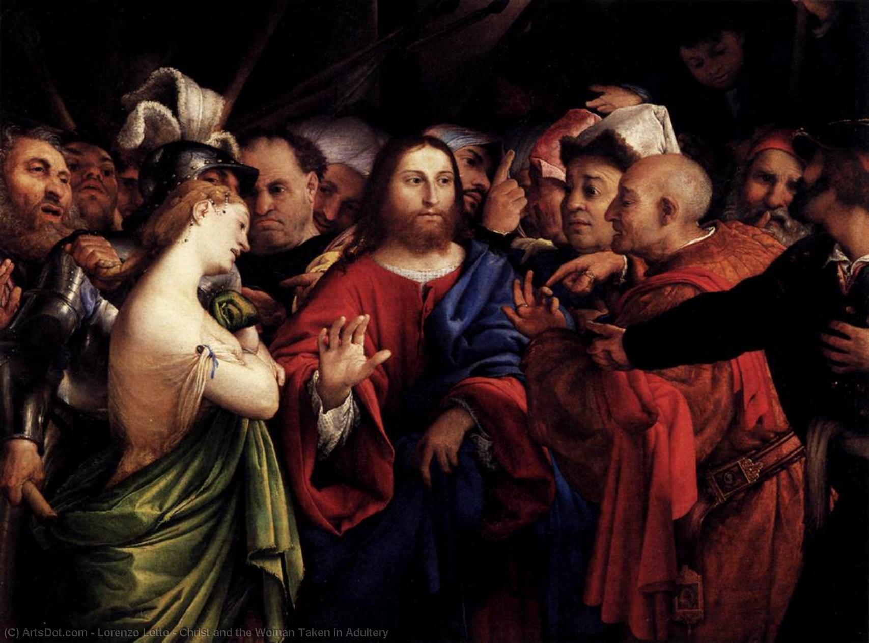 Wikioo.org – L'Encyclopédie des Beaux Arts - Peinture, Oeuvre de Lorenzo Lotto - Christ et au  FEMME  prises  dans  adultère