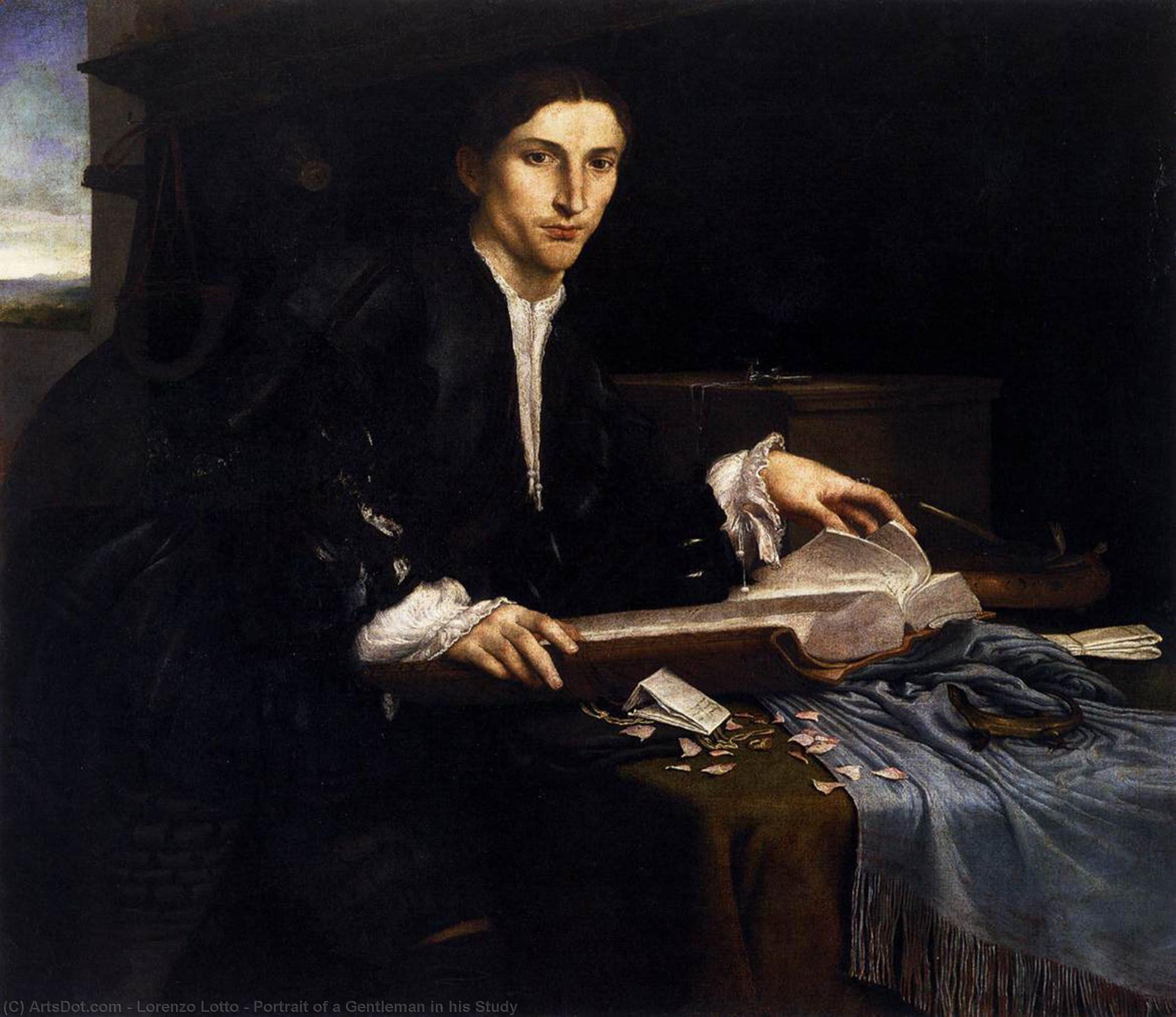 Wikioo.org – La Enciclopedia de las Bellas Artes - Pintura, Obras de arte de Lorenzo Lotto - Retrato de un caballero cómo  su  estudio