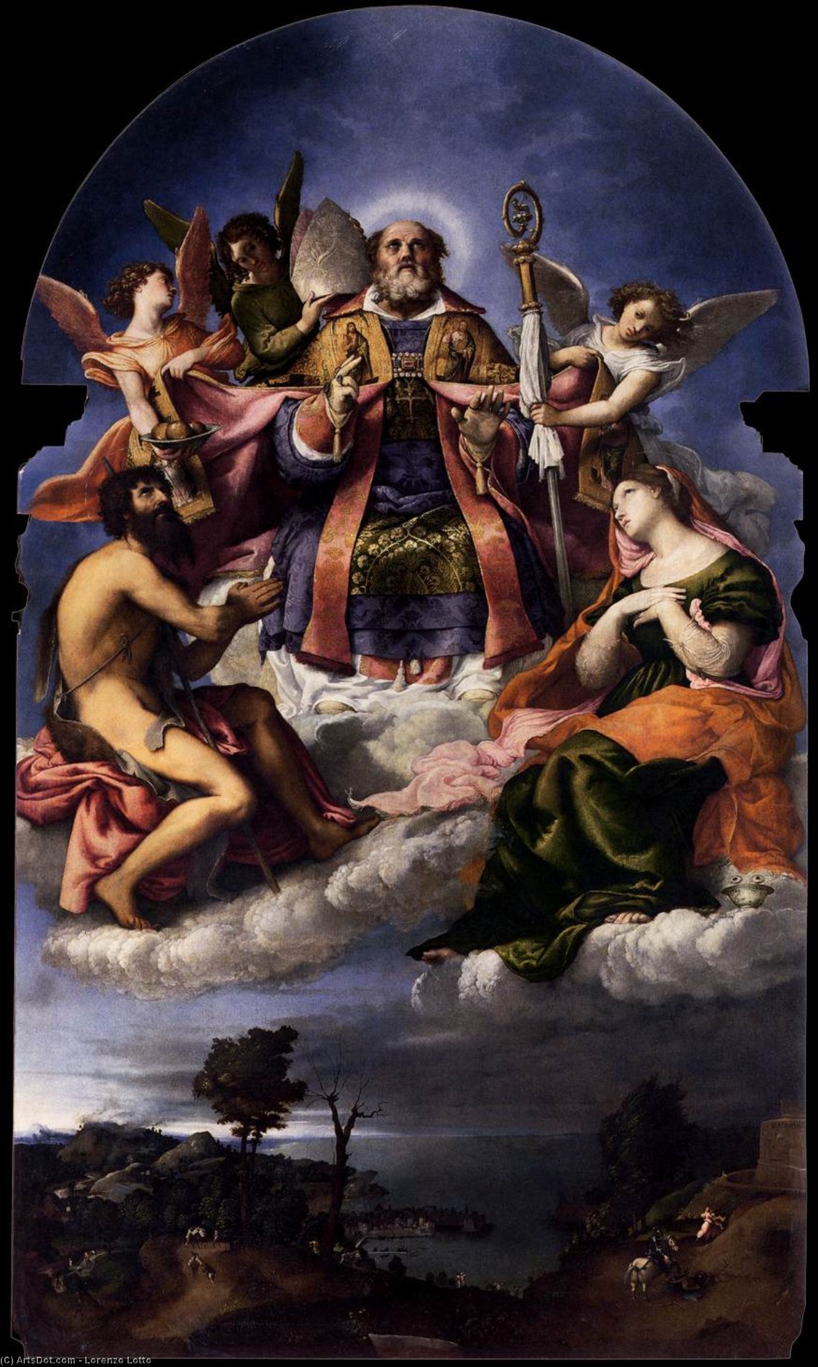 Wikioo.org - The Encyclopedia of Fine Arts - Painting, Artwork by Lorenzo Lotto - St Nicholas in Glory with Sts John the Baptist and Lucy