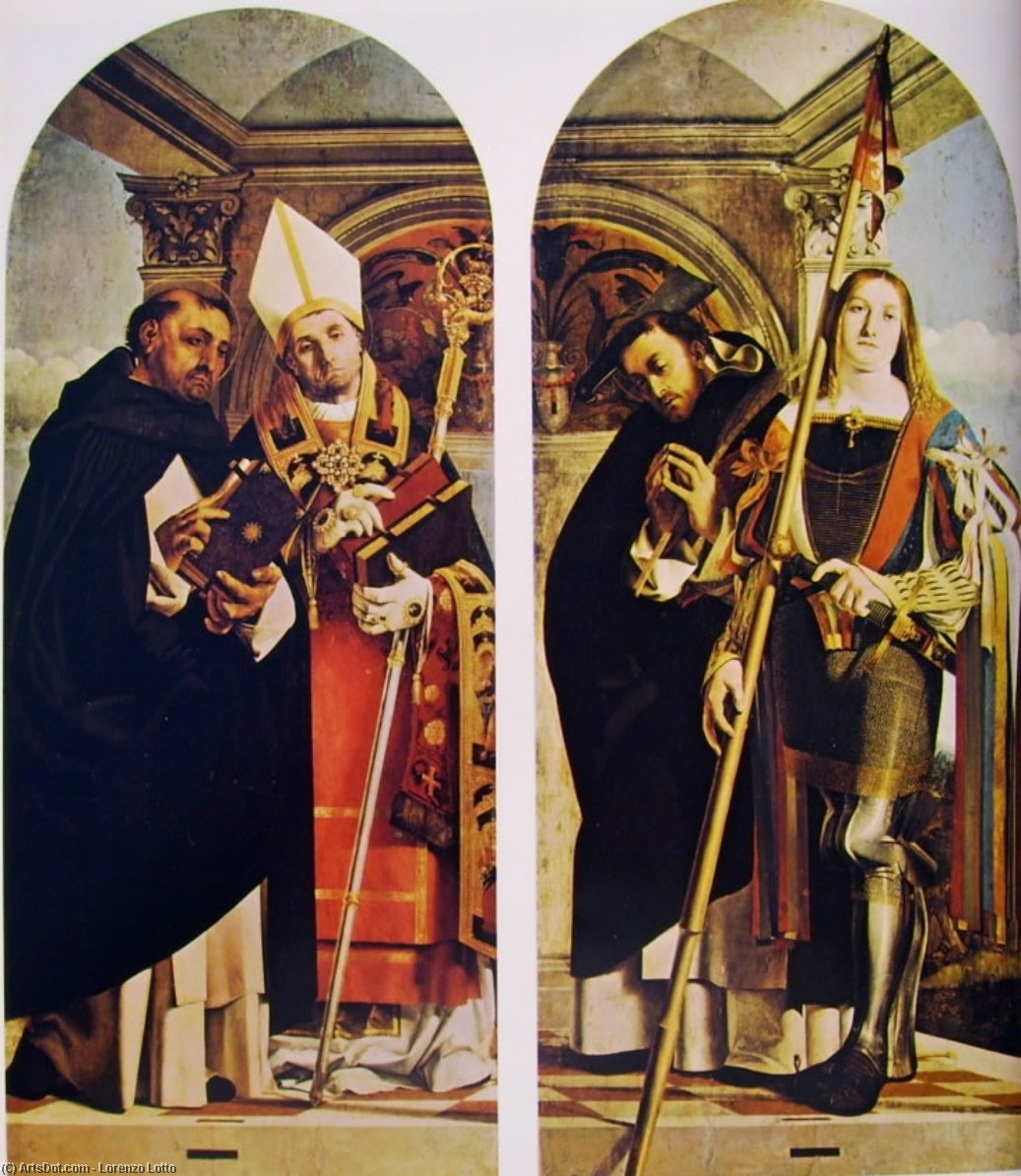 Wikioo.org - The Encyclopedia of Fine Arts - Painting, Artwork by Lorenzo Lotto - Sts Thomas Aquinas and Flavian, Sts Peter the Martyr and Vitus