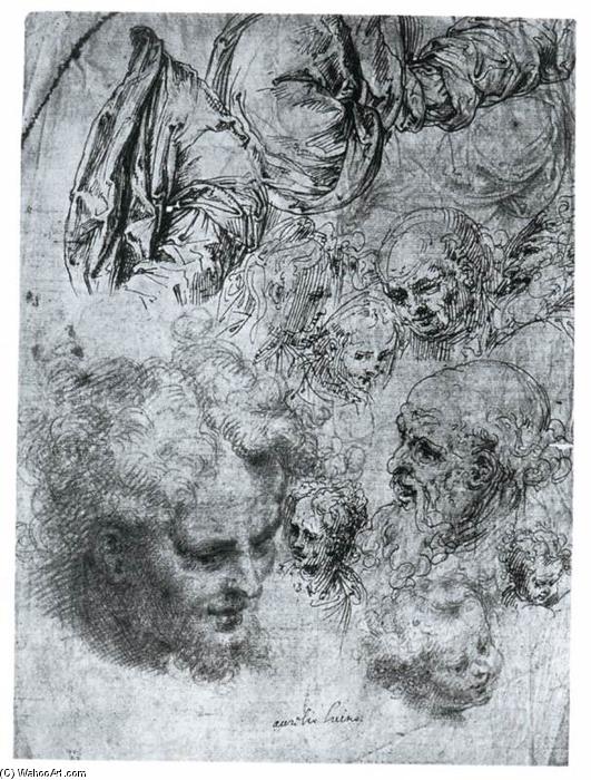Wikioo.org - The Encyclopedia of Fine Arts - Painting, Artwork by Aurelio Luini - Sheet of Studies of Figures and Heads