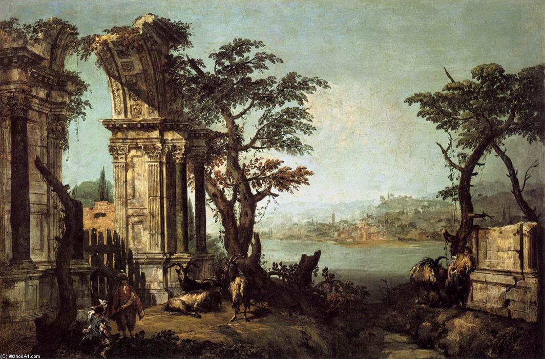 Wikioo.org - The Encyclopedia of Fine Arts - Painting, Artwork by Michele Marieschi - Capriccio with Classical Arch and Goats
