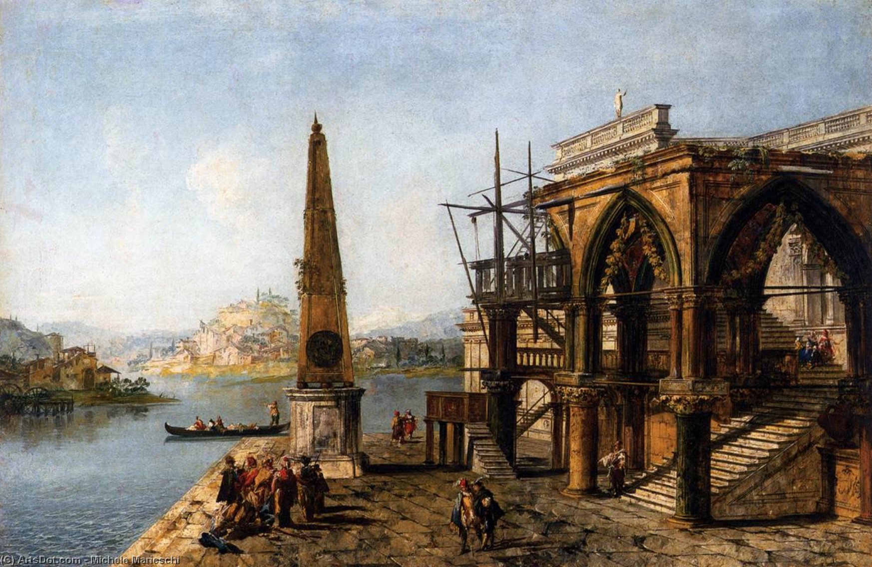 Wikioo.org - The Encyclopedia of Fine Arts - Painting, Artwork by Michele Marieschi - Capriccio with Gothic Building and Obelisk