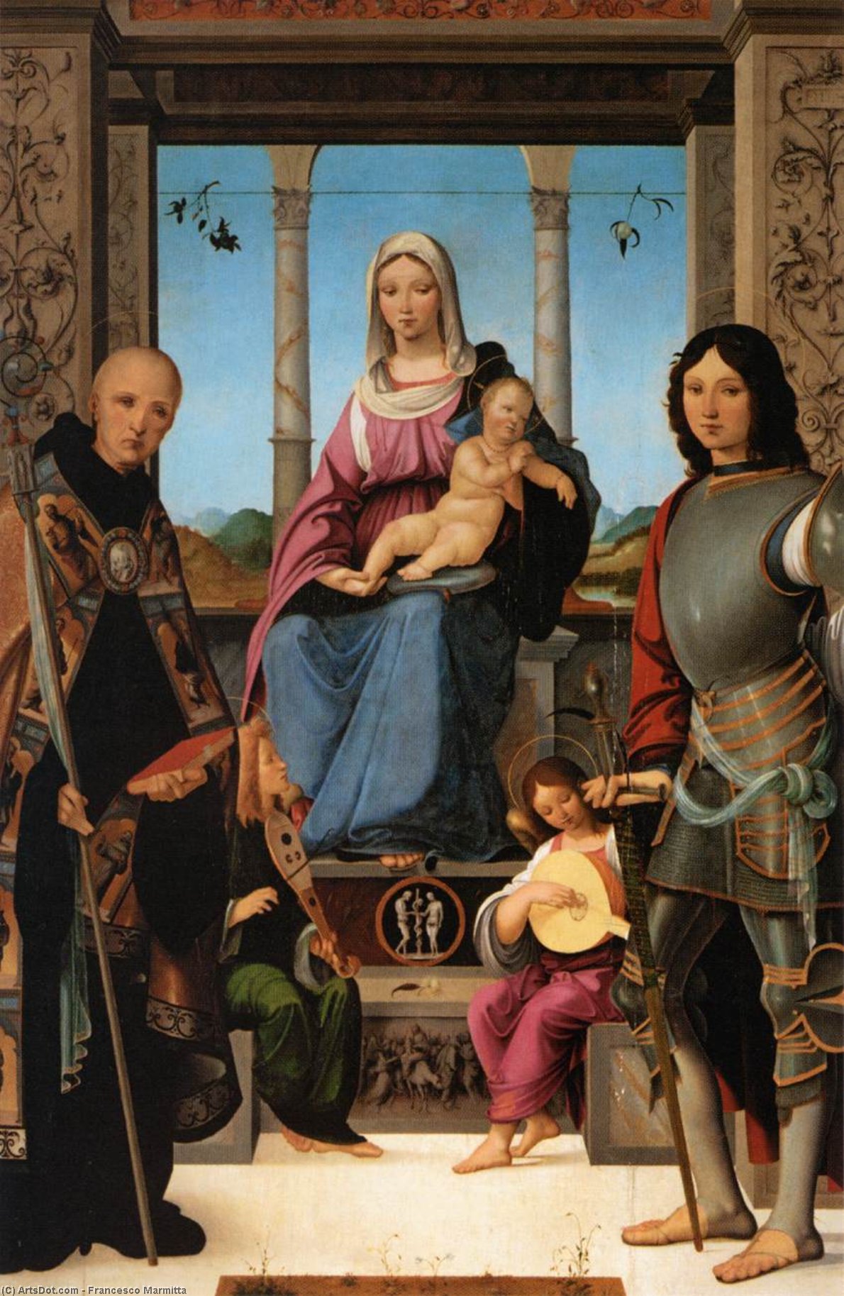 Wikioo.org - The Encyclopedia of Fine Arts - Painting, Artwork by Francesco Marmitta - Virgin and Child Flanked by Sts Benedict and Quentin