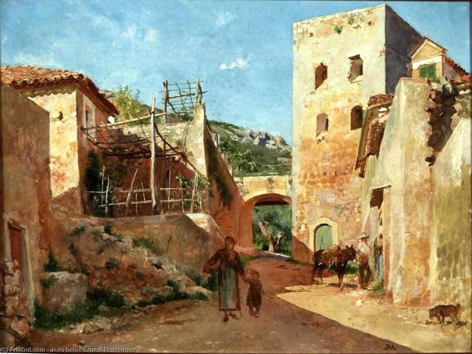 Wikioo.org - The Encyclopedia of Fine Arts - Painting, Artwork by Jean Louis Ernest Meissonier - Street Scene near Antibes