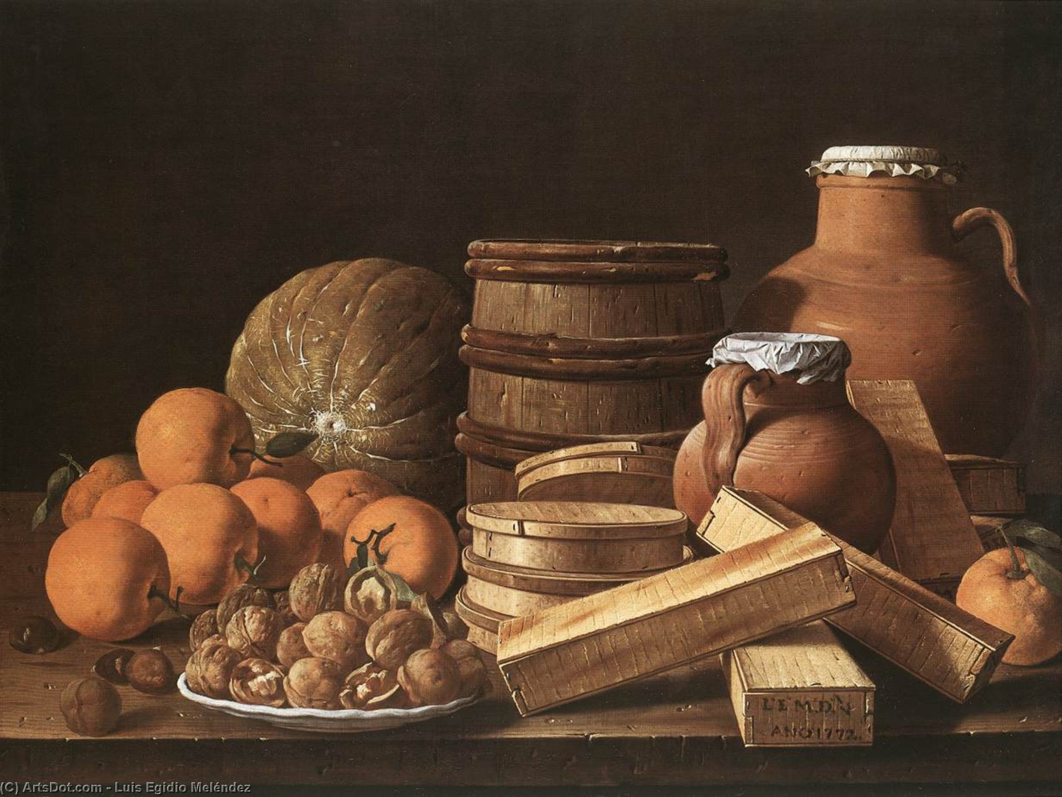 Wikioo.org - The Encyclopedia of Fine Arts - Painting, Artwork by Luis Egidio Meléndez - Still-Life with Oranges and Walnuts