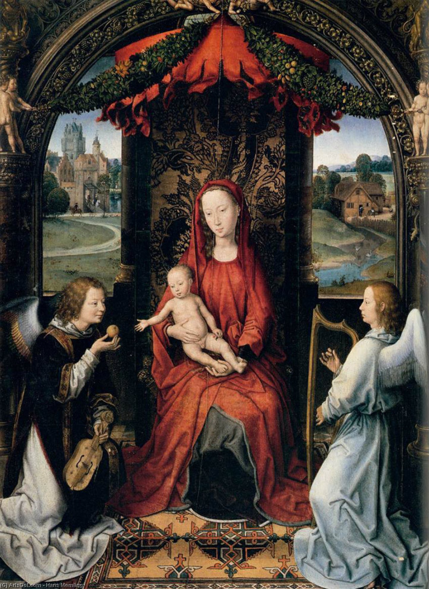Wikioo.org - The Encyclopedia of Fine Arts - Painting, Artwork by Hans Memling - Madonna Enthroned with Child and Two Angels