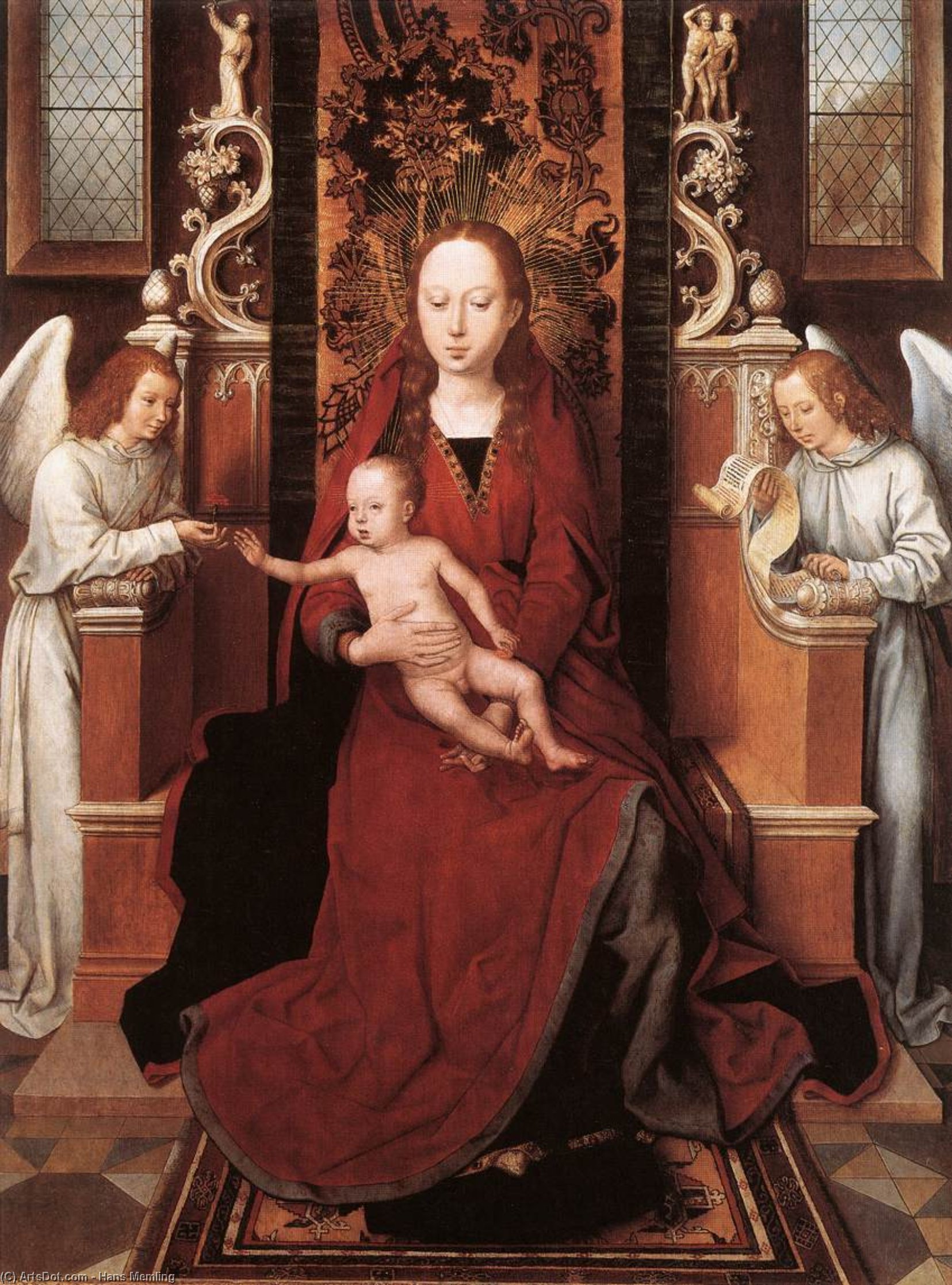 Wikioo.org - The Encyclopedia of Fine Arts - Painting, Artwork by Hans Memling - Virgin and Child Enthroned with Two Angels