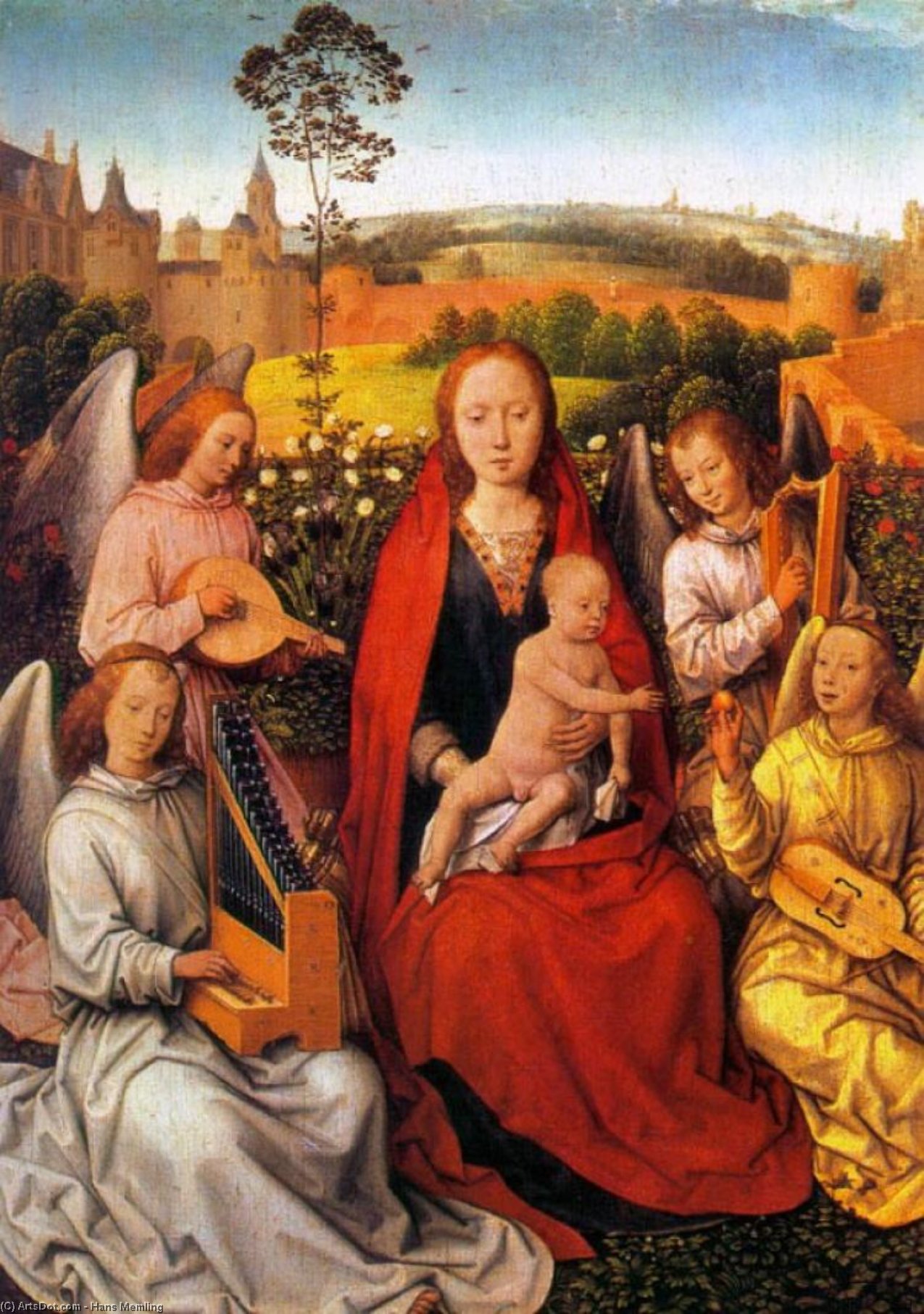 Wikioo.org - The Encyclopedia of Fine Arts - Painting, Artwork by Hans Memling - Virgin and Child with Musician Angels