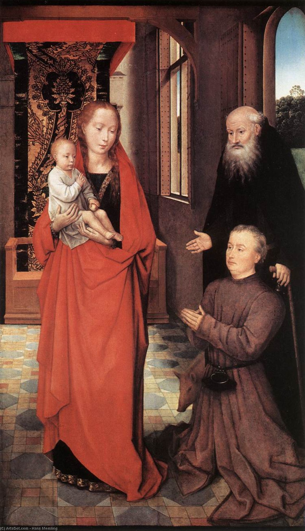 Wikioo.org – La Enciclopedia de las Bellas Artes - Pintura, Obras de arte de Hans Memling - virgen y el niño con san Antonio abad y una Donante
