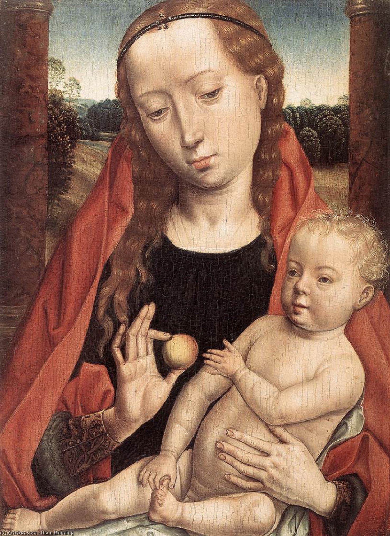 Wikioo.org - The Encyclopedia of Fine Arts - Painting, Artwork by Hans Memling - Virgin with the Child Reaching for his Toe