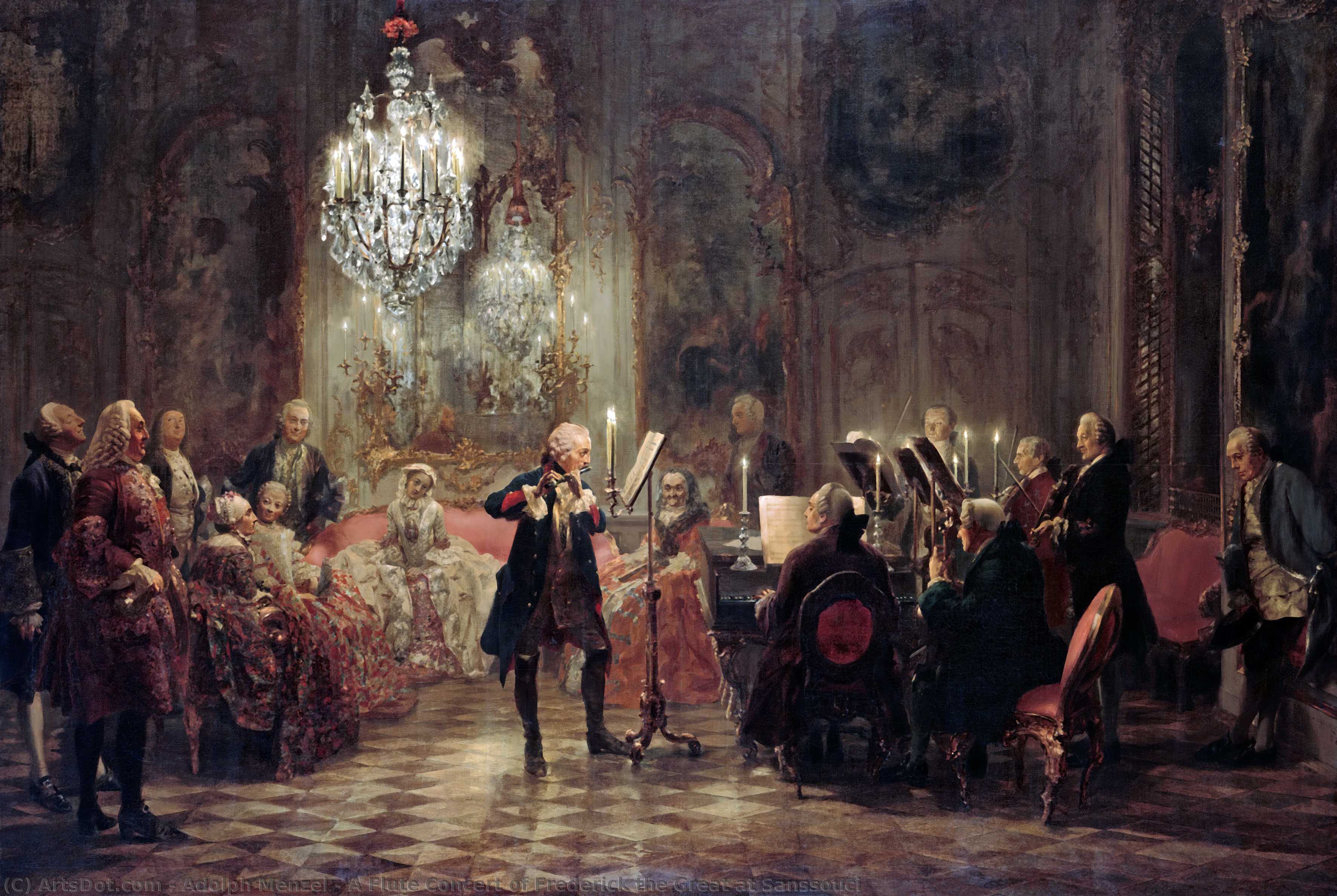 Wikioo.org - The Encyclopedia of Fine Arts - Painting, Artwork by Adolph Menzel - A Flute Concert of Frederick the Great at Sanssouci