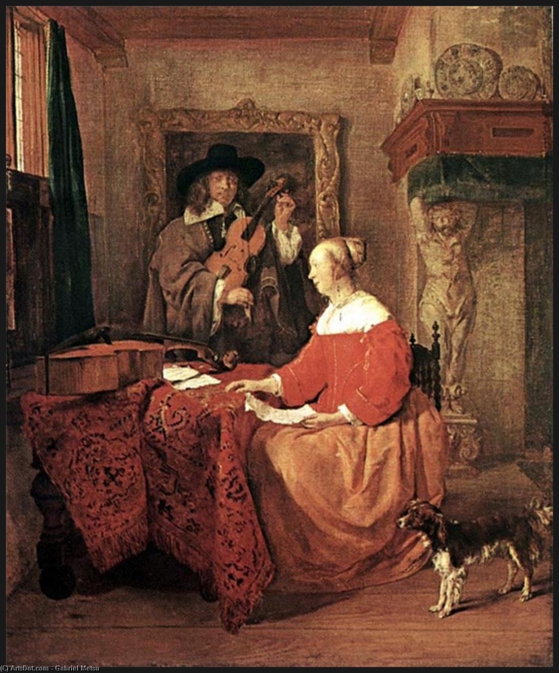 Wikioo.org - The Encyclopedia of Fine Arts - Painting, Artwork by Gabriel Metsu - A Woman Seated at a Table and a Man Tuning a Violin