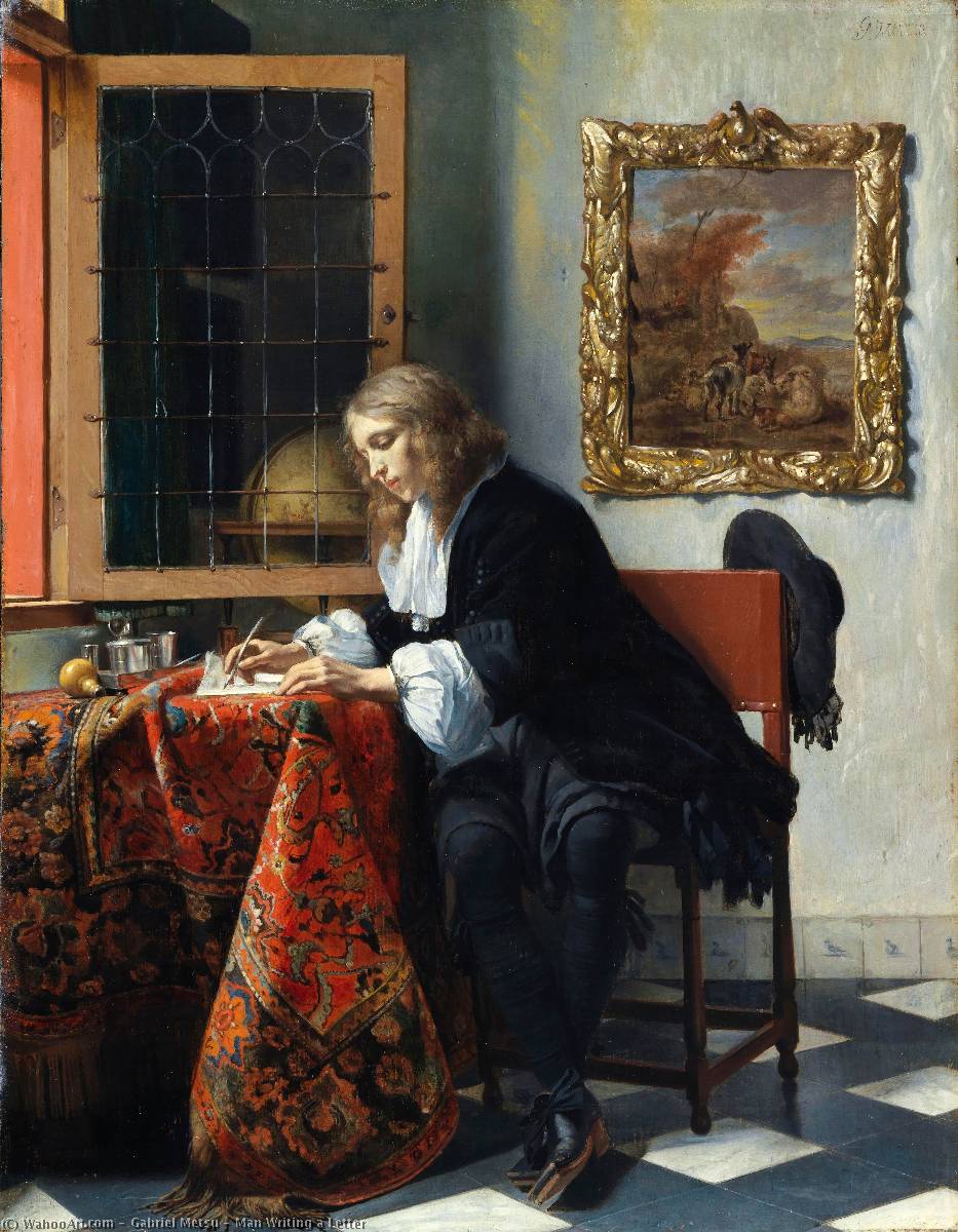 Wikioo.org – L'Enciclopedia delle Belle Arti - Pittura, Opere di Gabriel Metsu - L uomo scrittura  Un  lettera