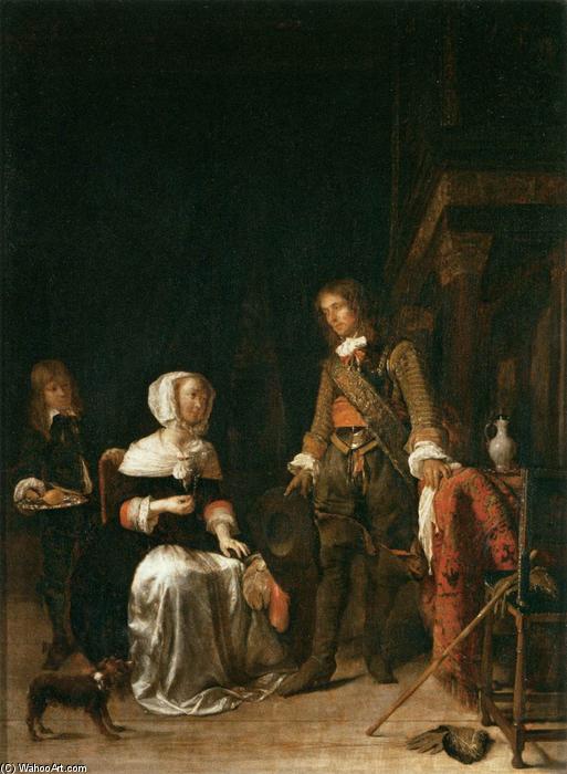 Wikioo.org - The Encyclopedia of Fine Arts - Painting, Artwork by Gabriel Metsu - Soldier Paying a Visit to a Young Lady