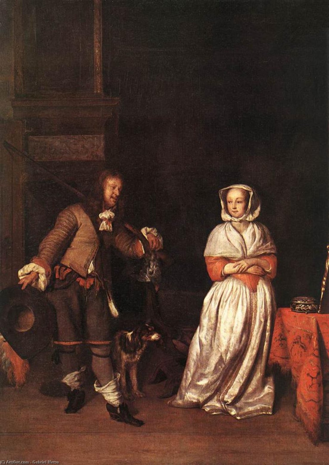 Wikioo.org - The Encyclopedia of Fine Arts - Painting, Artwork by Gabriel Metsu - The Hunter and a Woman