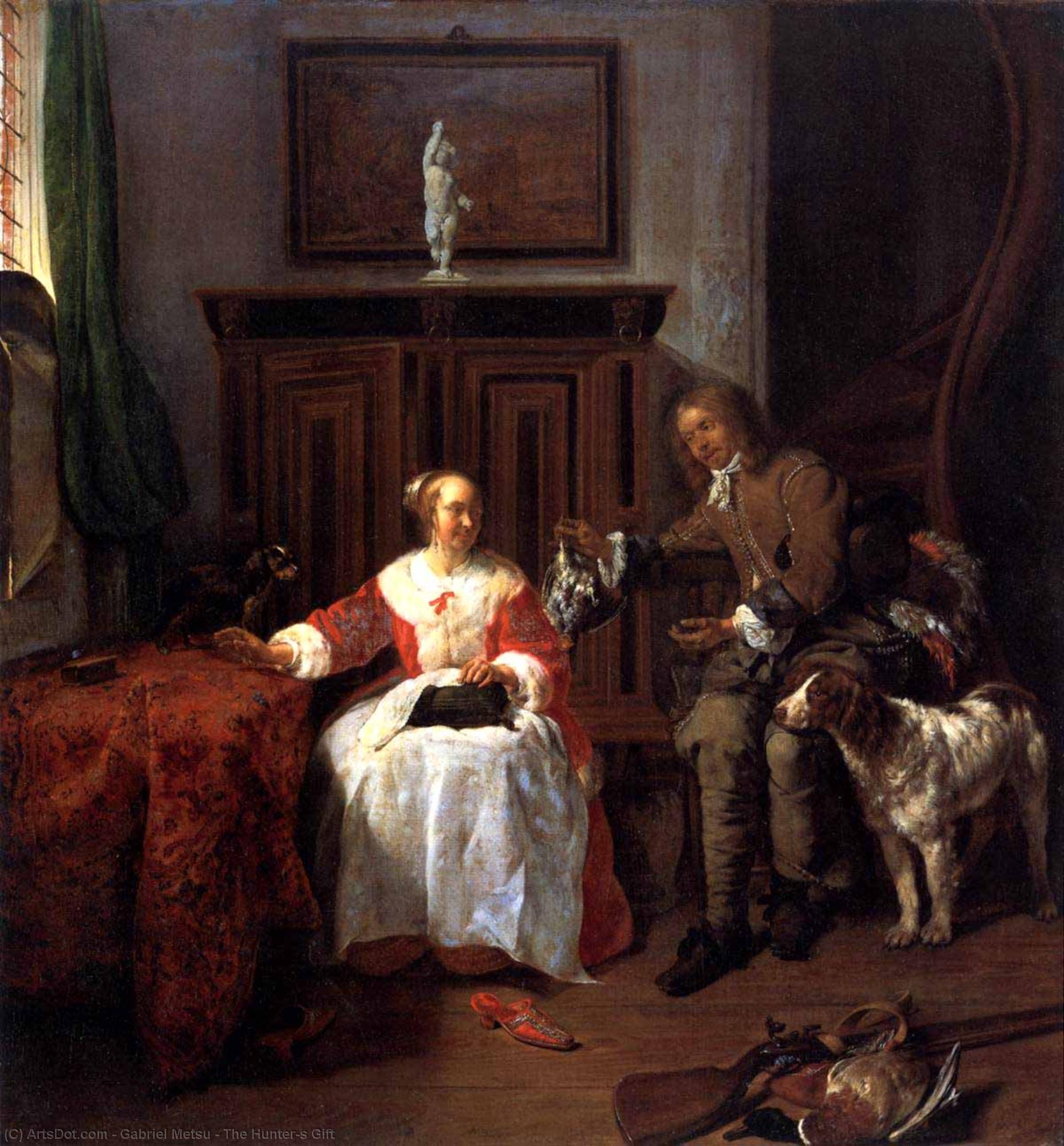 Wikioo.org - The Encyclopedia of Fine Arts - Painting, Artwork by Gabriel Metsu - The Hunter's Gift