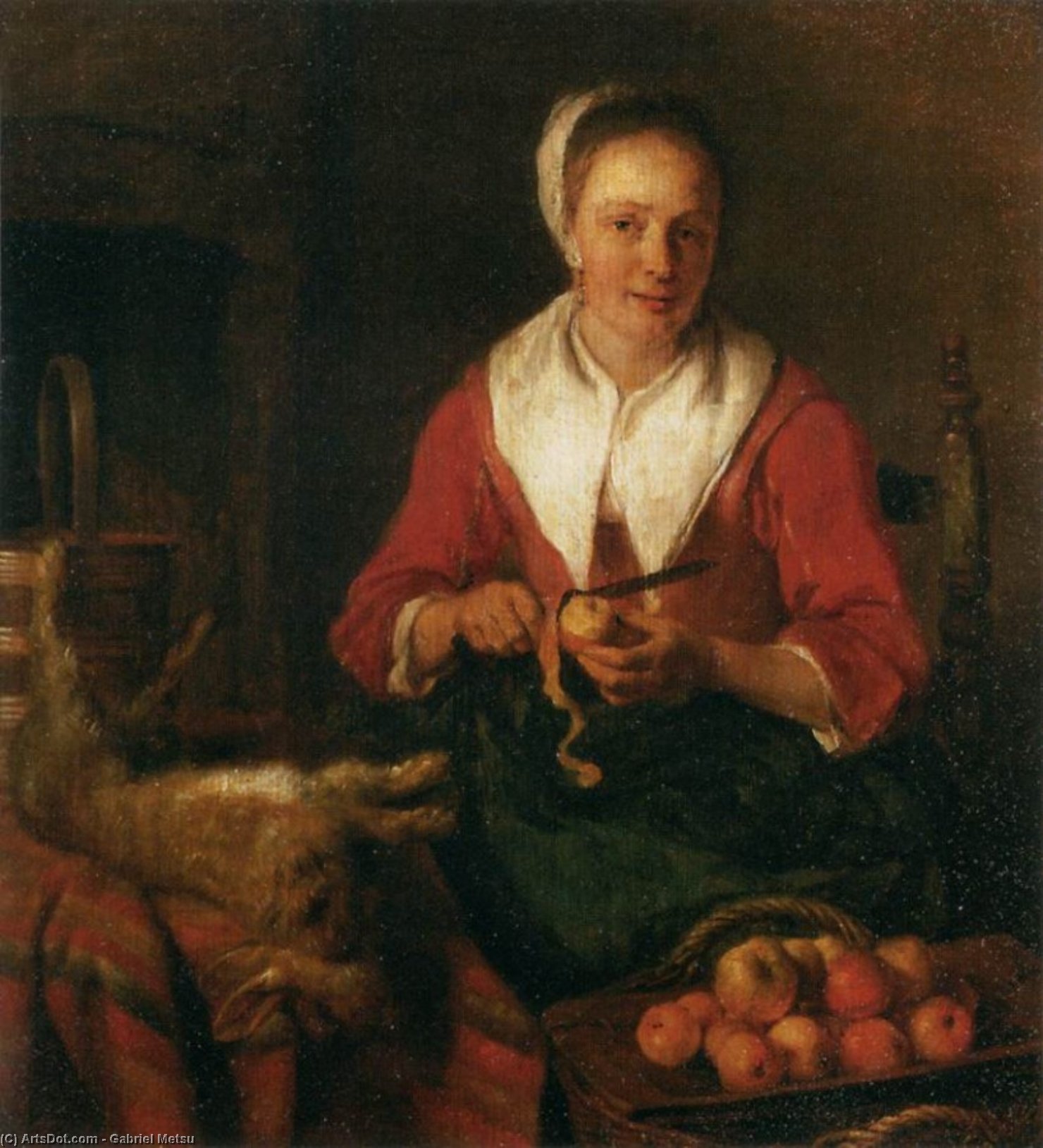 Wikioo.org - สารานุกรมวิจิตรศิลป์ - จิตรกรรม Gabriel Metsu - Woman Peeling an Apple