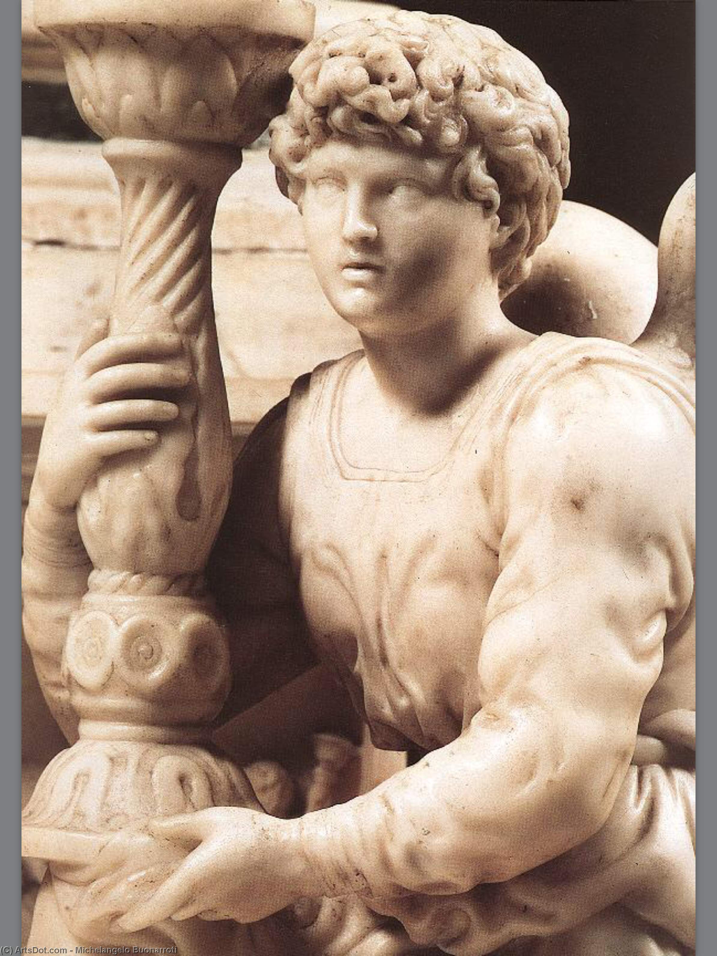Wikioo.org – La Enciclopedia de las Bellas Artes - Pintura, Obras de arte de Michelangelo Buonarroti - ángel con candelero  Detalle