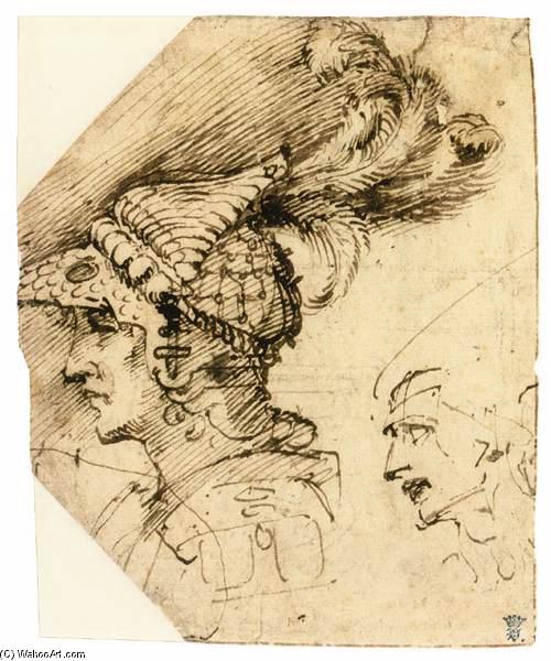 Wikioo.org – La Enciclopedia de las Bellas Artes - Pintura, Obras de arte de Michelangelo Buonarroti - Busto de un Guerrero , y una cabeza en perfil
