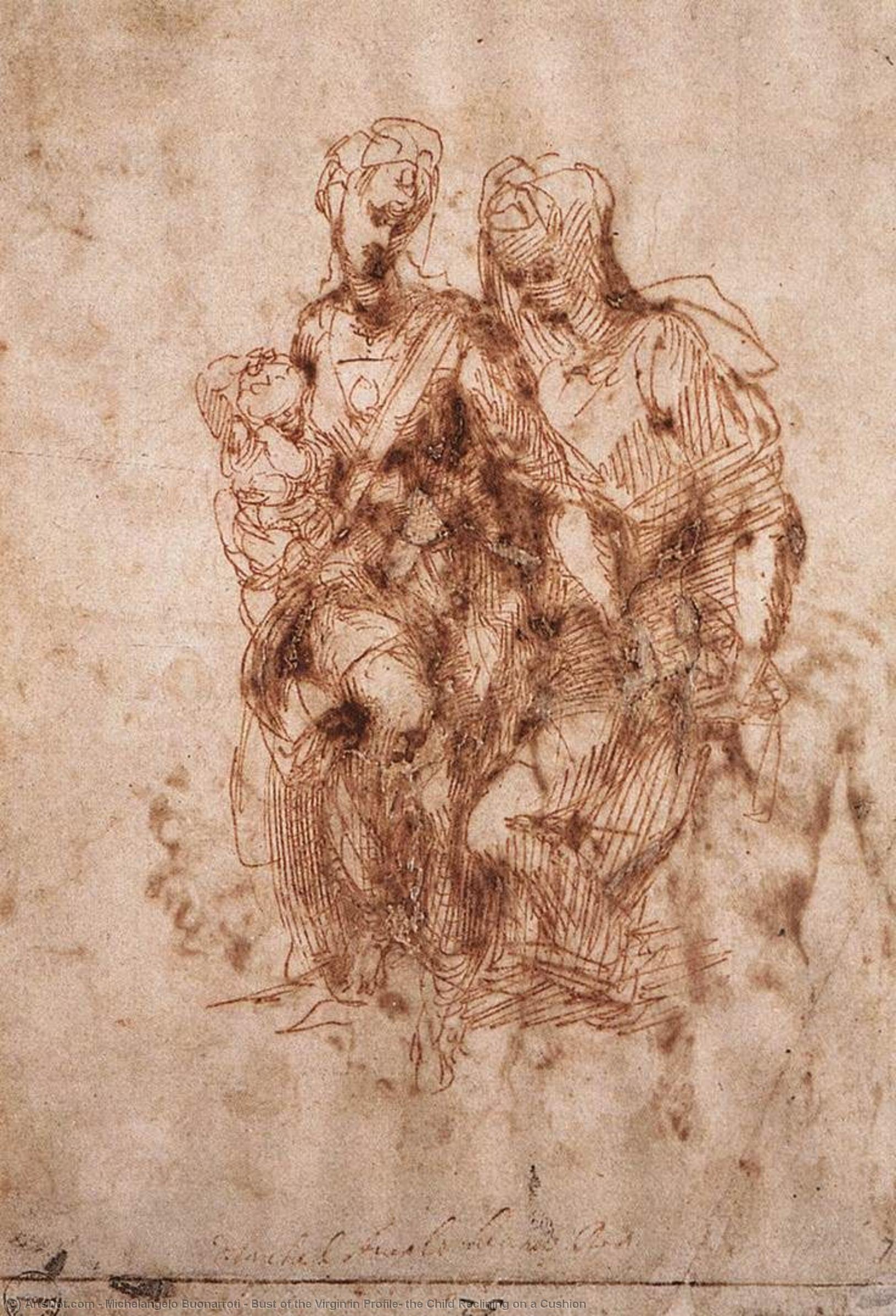 Wikioo.org – La Enciclopedia de las Bellas Artes - Pintura, Obras de arte de Michelangelo Buonarroti - Busto de la virgen en perfil , el niño Que descansa en un Cojín