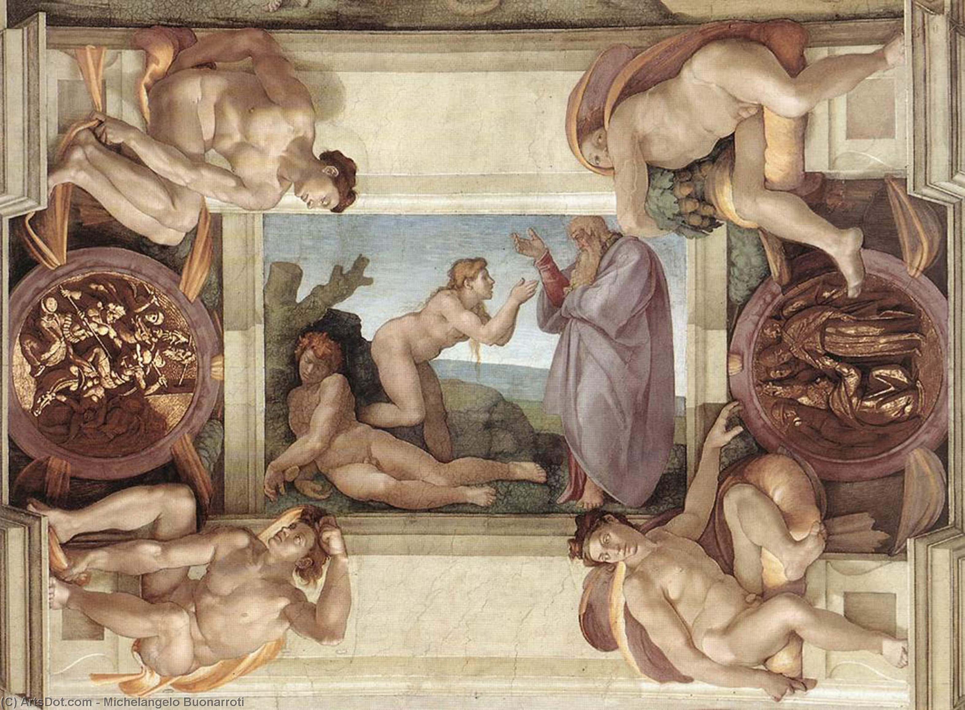 Wikioo.org – L'Enciclopedia delle Belle Arti - Pittura, Opere di Michelangelo Buonarroti - creazione di vigilia ( con ignudi e medaglioni )