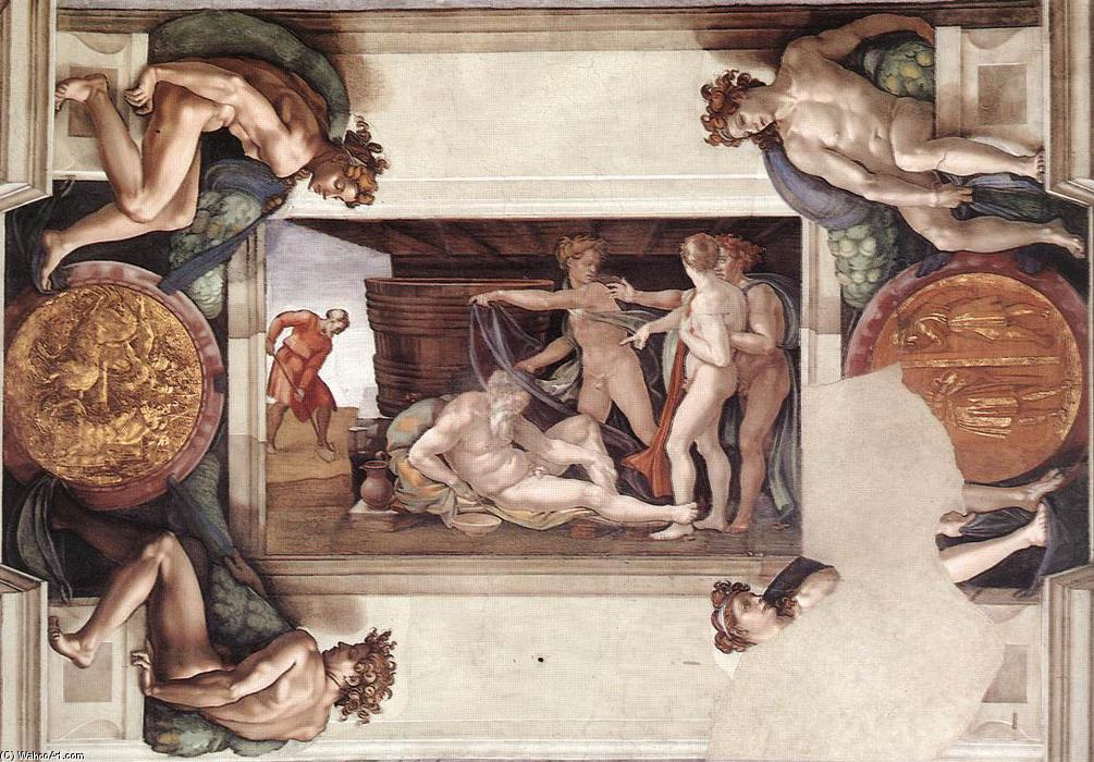 Wikioo.org - Bách khoa toàn thư về mỹ thuật - Vẽ tranh, Tác phẩm nghệ thuật Michelangelo Buonarroti - Drunkenness of Noah (with ignudi and medallions)