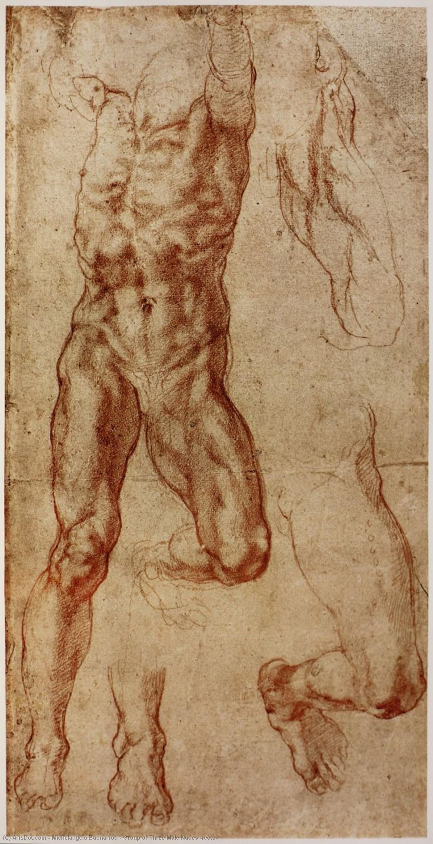 WikiOO.org - Εγκυκλοπαίδεια Καλών Τεχνών - Ζωγραφική, έργα τέχνης Michelangelo Buonarroti - Group of Three Male Nudes (recto)