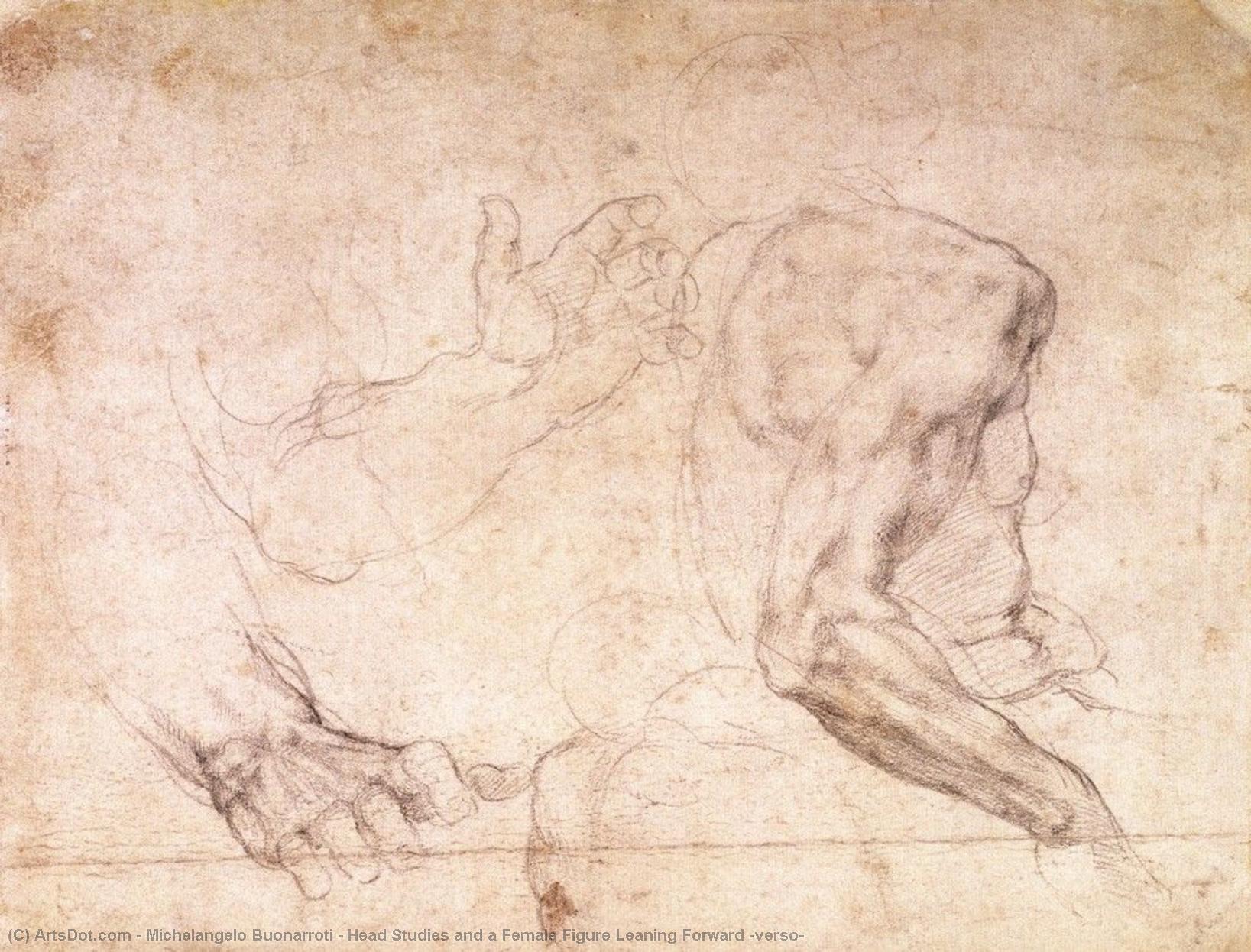Wikioo.org - The Encyclopedia of Fine Arts - Painting, Artwork by Michelangelo Buonarroti - Head Studies and a Female Figure Leaning Forward (verso)