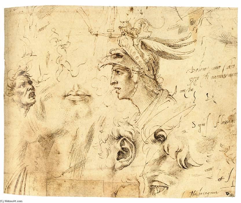Wikioo.org - The Encyclopedia of Fine Arts - Painting, Artwork by Michelangelo Buonarroti - Helmeted Head of a Youth, and Other Studies (recto)