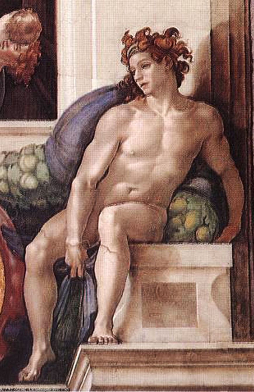 Wikioo.org - The Encyclopedia of Fine Arts - Painting, Artwork by Michelangelo Buonarroti - Ignudo (24)