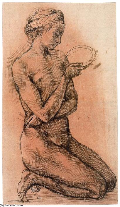 Wikioo.org – La Enciclopedia de las Bellas Artes - Pintura, Obras de arte de Michelangelo Buonarroti - de rodillas desnudo femenino para  perfil  a la derecha
