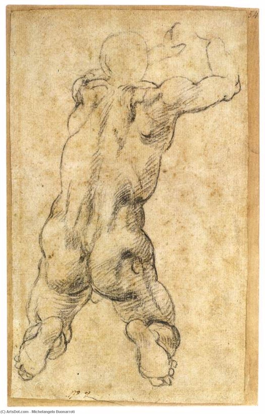 WikiOO.org - Енциклопедия за изящни изкуства - Живопис, Произведения на изкуството Michelangelo Buonarroti - Kneeling Male Nude, Seen from the Rear