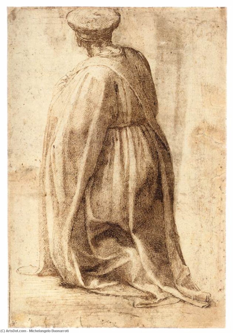 Wikioo.org - Die Enzyklopädie bildender Kunst - Malerei, Kunstwerk von Michelangelo Buonarroti - kniend Mann im  Rückseite eines Buchblattes