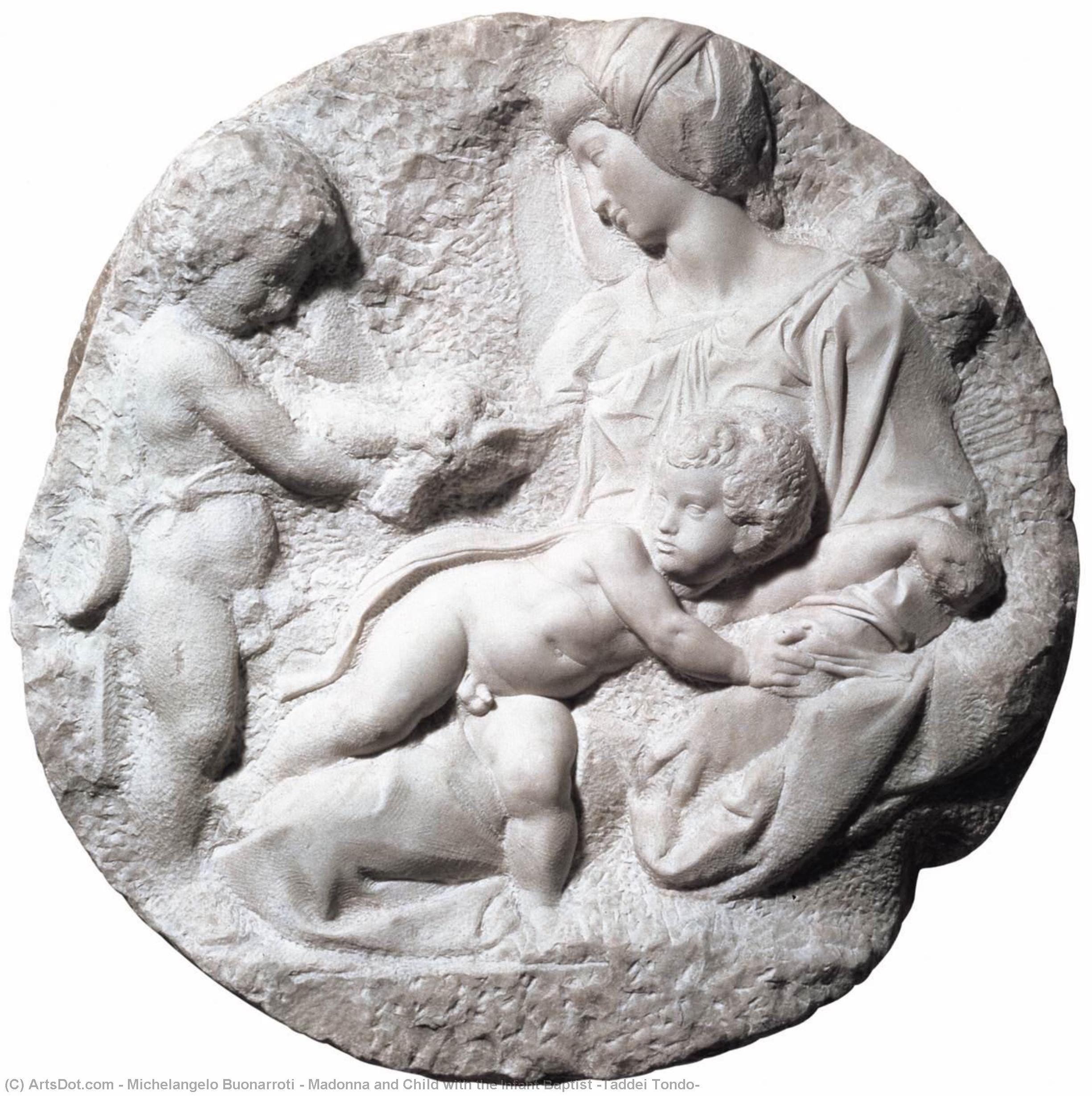 Wikioo.org - The Encyclopedia of Fine Arts - Painting, Artwork by Michelangelo Buonarroti - Madonna and Child with the Infant Baptist (Taddei Tondo)