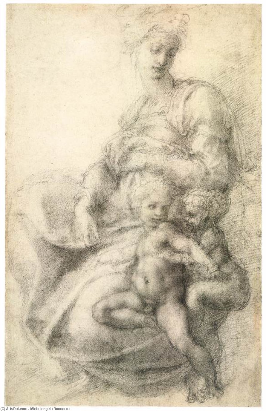 Wikioo.org - The Encyclopedia of Fine Arts - Painting, Artwork by Michelangelo Buonarroti - Madonna and Child with the Infant St John