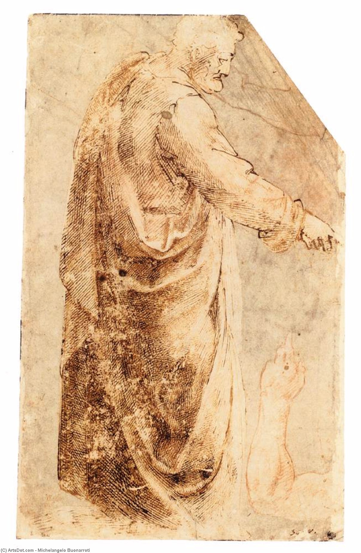 WikiOO.org - Enciclopedia of Fine Arts - Pictura, lucrări de artă Michelangelo Buonarroti - Male Figure after Masaccio, Arm Studies (recto)