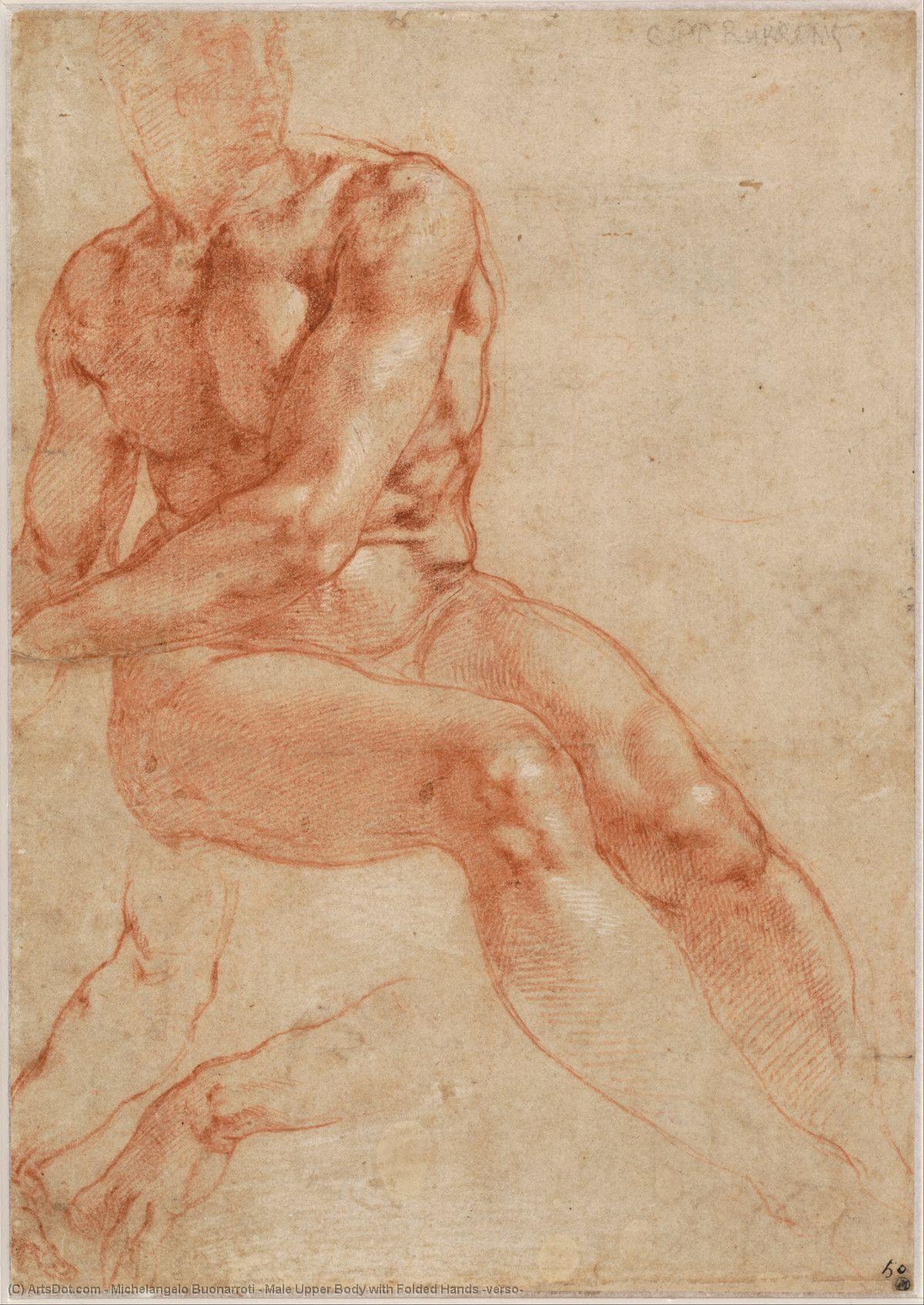 Wikioo.org – La Enciclopedia de las Bellas Artes - Pintura, Obras de arte de Michelangelo Buonarroti - masculino superior  carrocería  enestado  doblada  manos  dorso