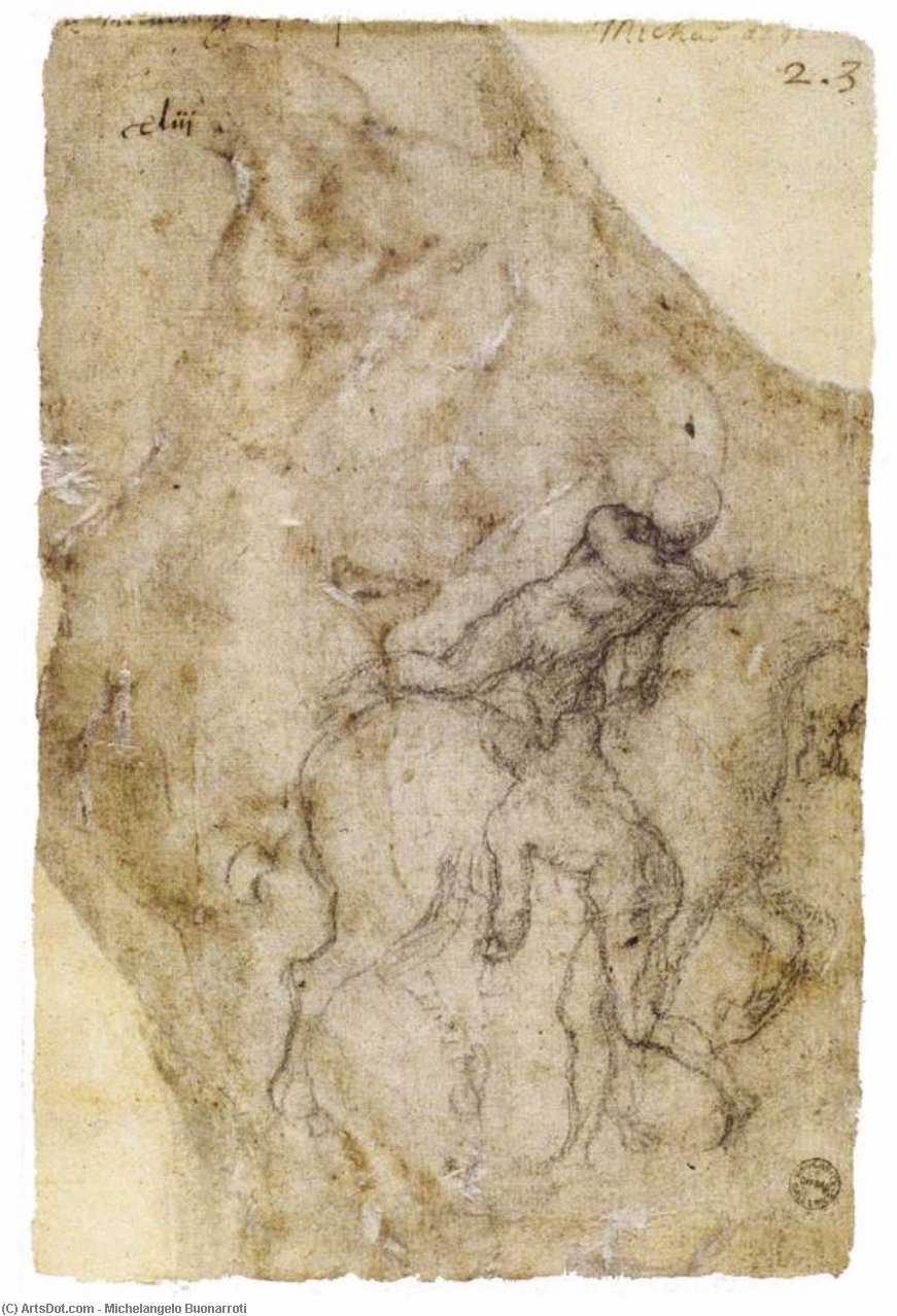 Wikioo.org - The Encyclopedia of Fine Arts - Painting, Artwork by Michelangelo Buonarroti - Nude Rider Mounting a Horse and a Male Nude (verso)