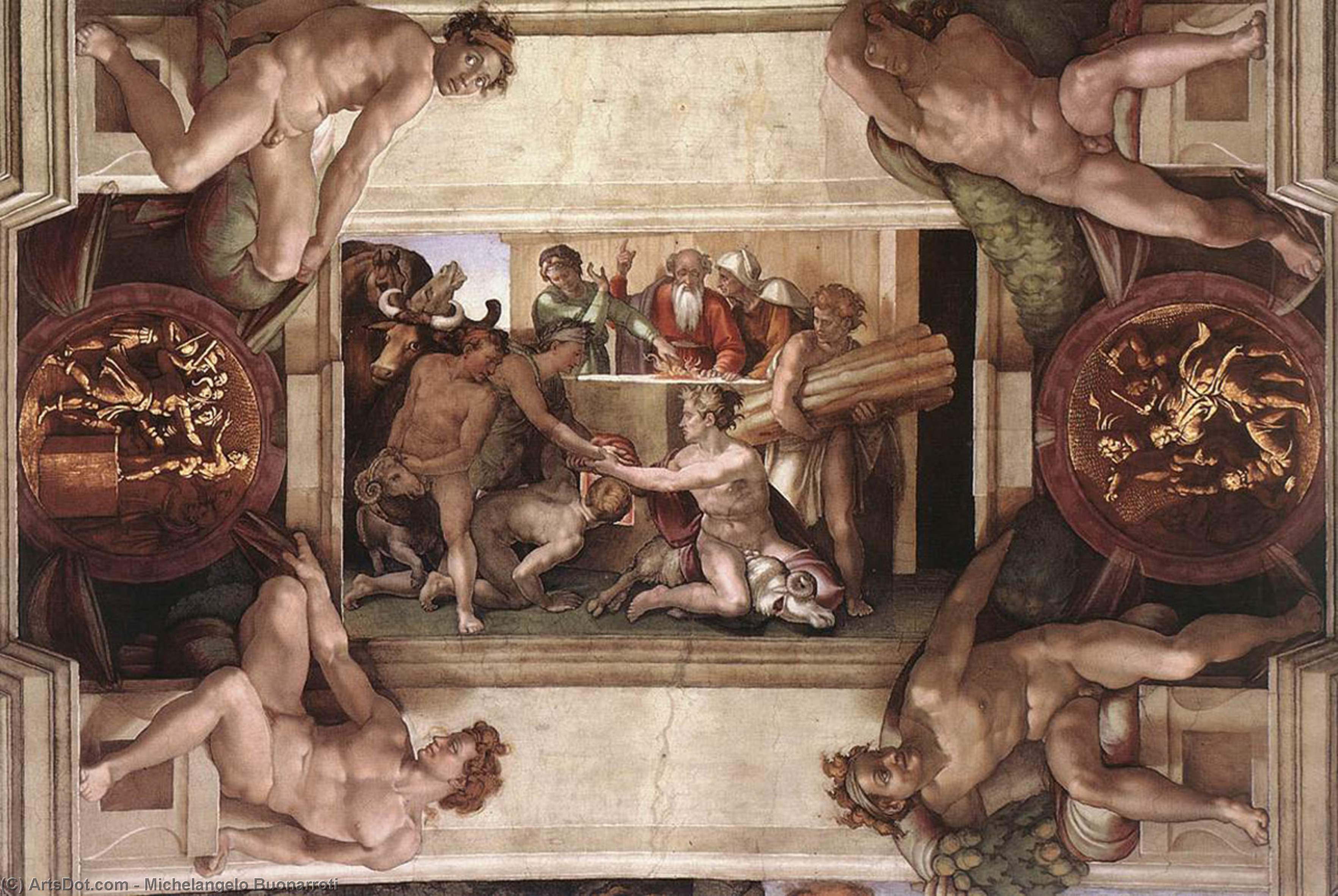 Wikioo.org – La Enciclopedia de las Bellas Artes - Pintura, Obras de arte de Michelangelo Buonarroti - sacrificio de noé ( con ignudi y medallones )