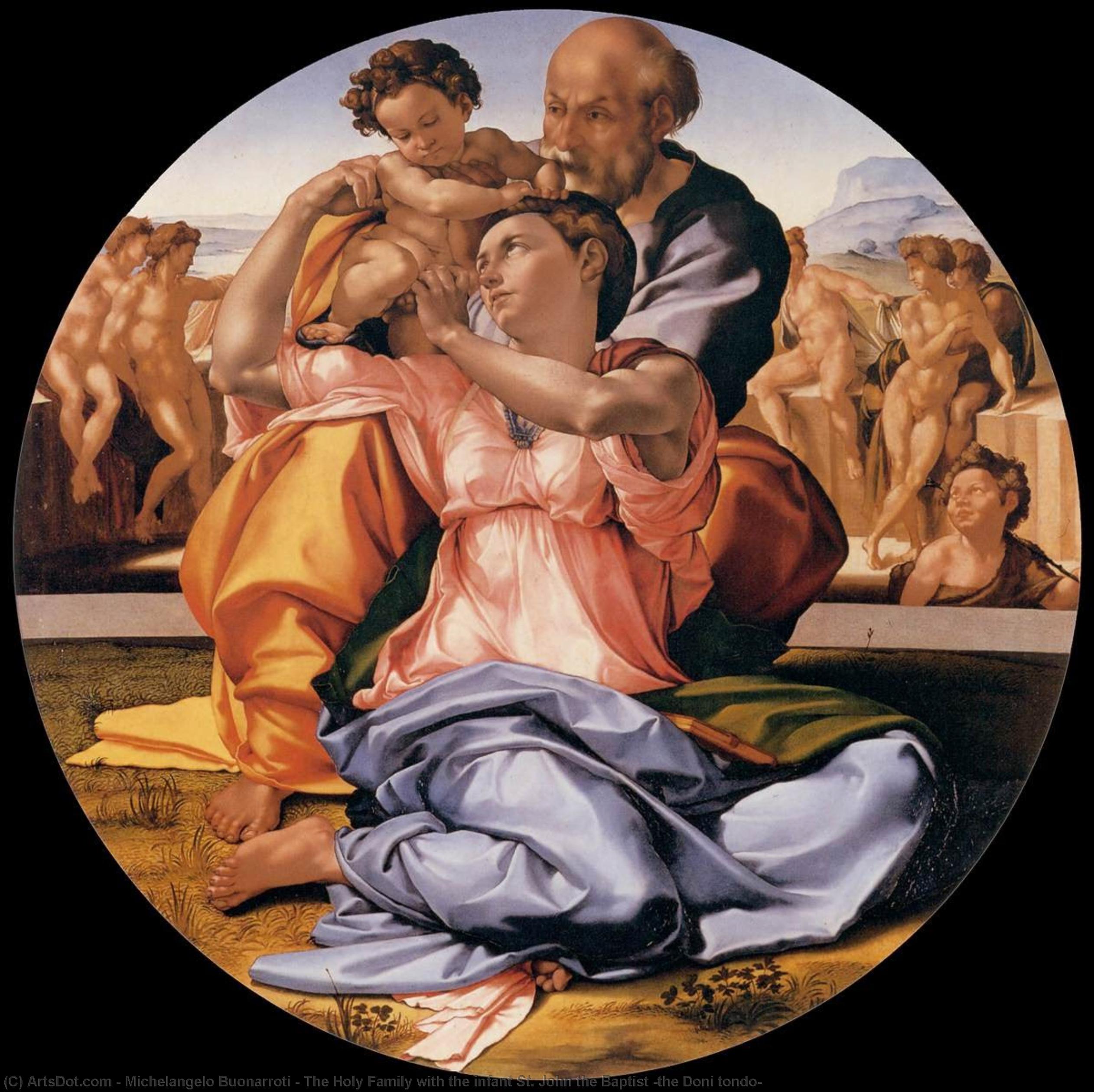 Wikioo.org - The Encyclopedia of Fine Arts - Painting, Artwork by Michelangelo Buonarroti - The Holy Family with the infant St. John the Baptist (the Doni tondo)