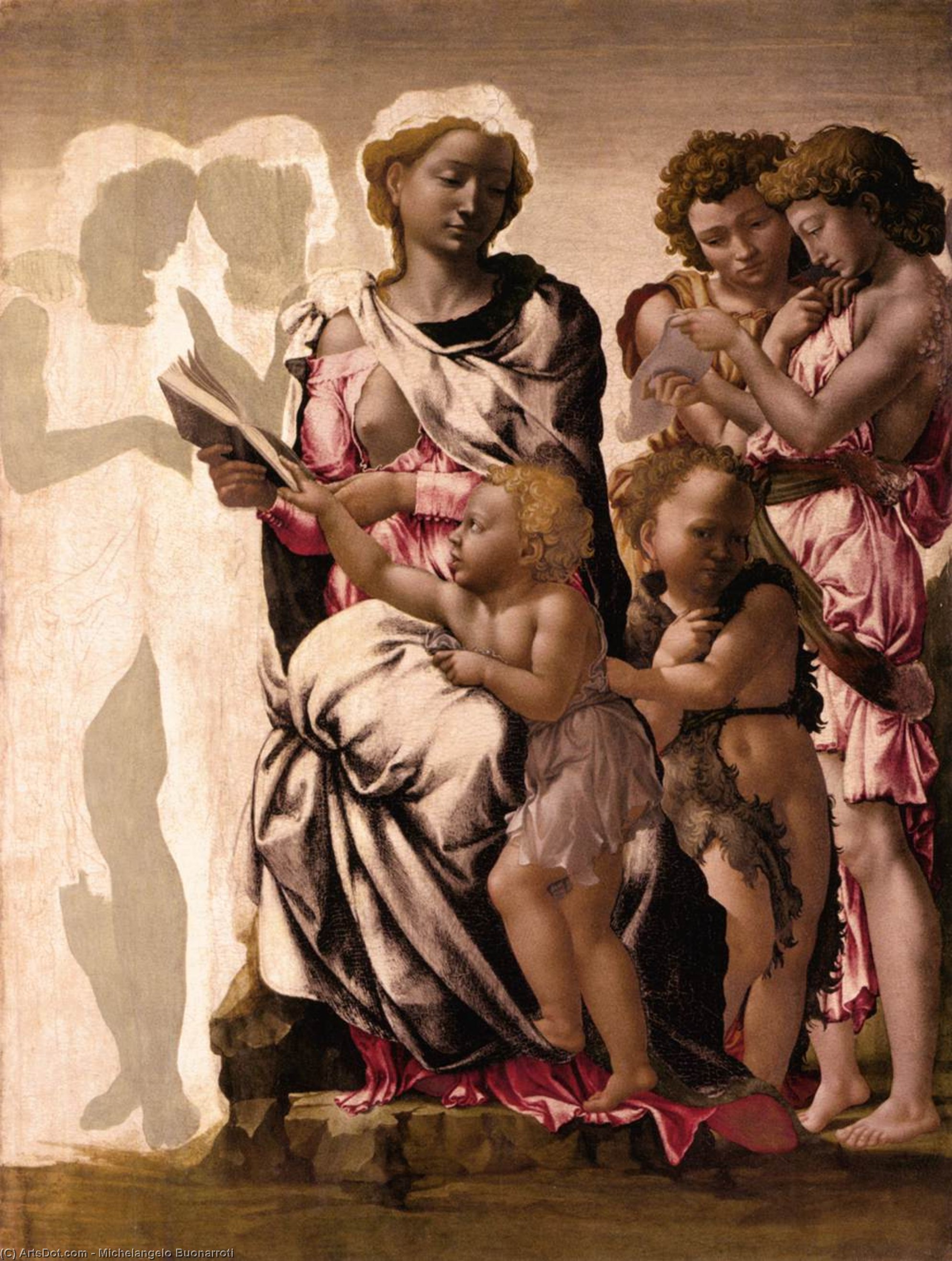 Wikioo.org – L'Enciclopedia delle Belle Arti - Pittura, Opere di Michelangelo Buonarroti - madonna col bambino con san Giovanni  e le  angeli