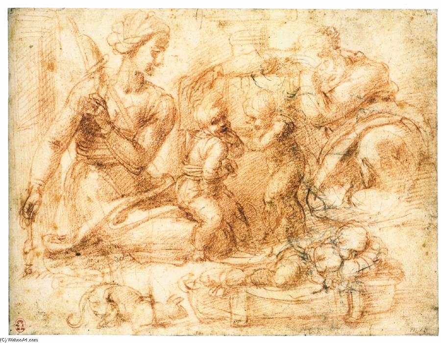 Wikioo.org - The Encyclopedia of Fine Arts - Painting, Artwork by Michelangelo Buonarroti - Woman with a Distaff and Three Children (recto)